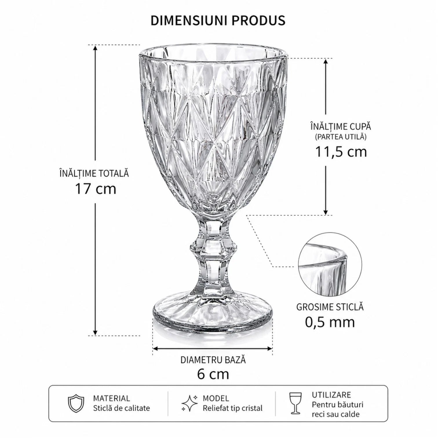 Pahar din Sticlă 6/set, cu Picior 17cm, Model Cristal Engros