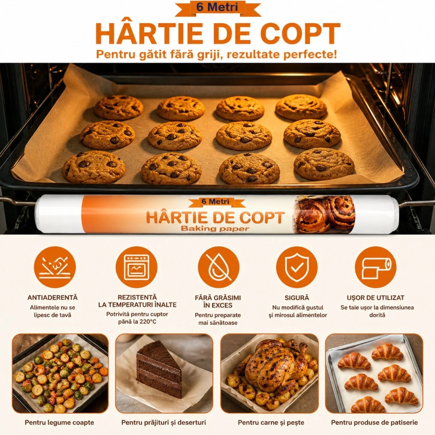 Hârtie de Copt Alba/Maro 6m, Rola Antiaderentă pentru Cuptor Engros