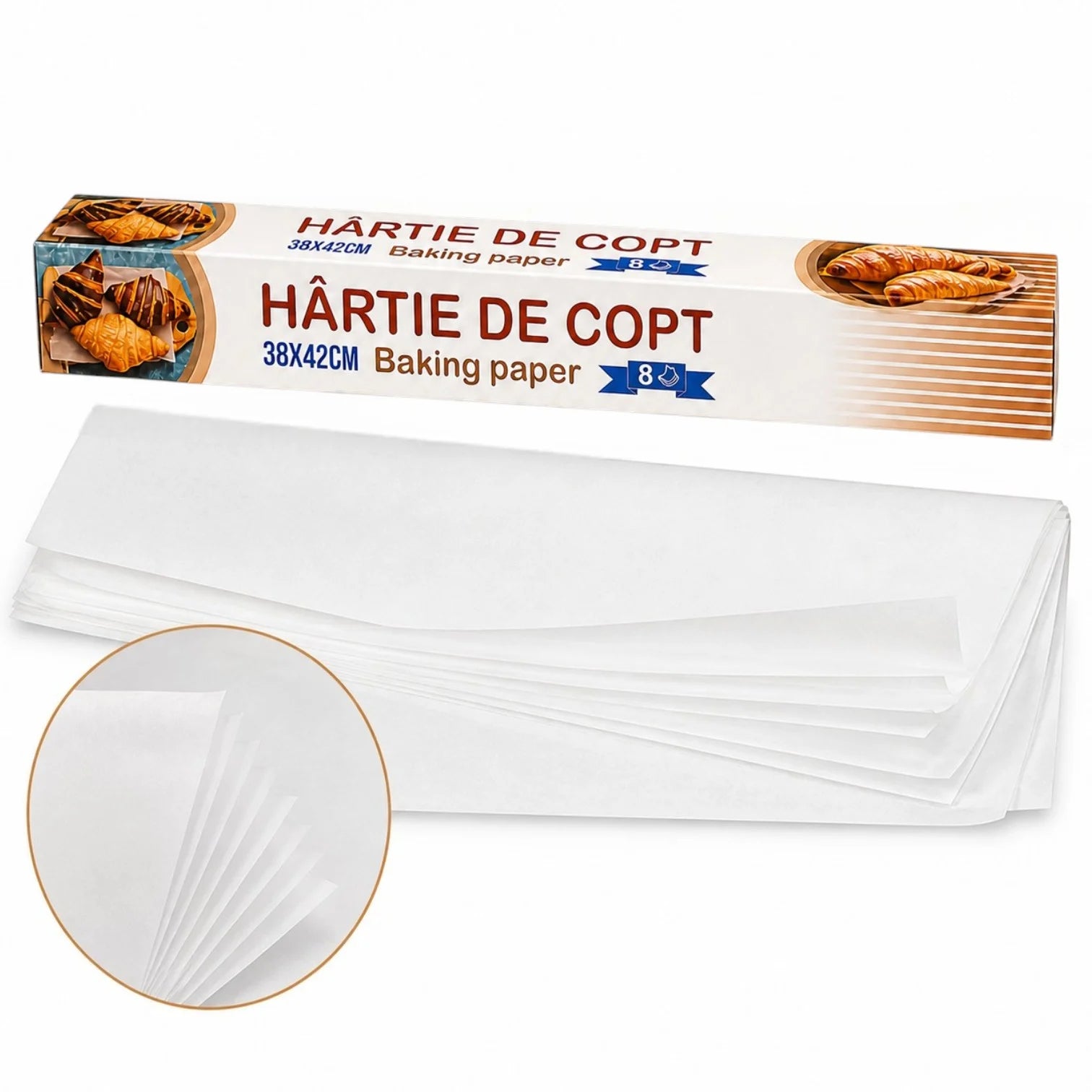 Hârtie de Copt 38x42cm, 8 Foi Albe, Antiaderentă pentru Cuptor Engros