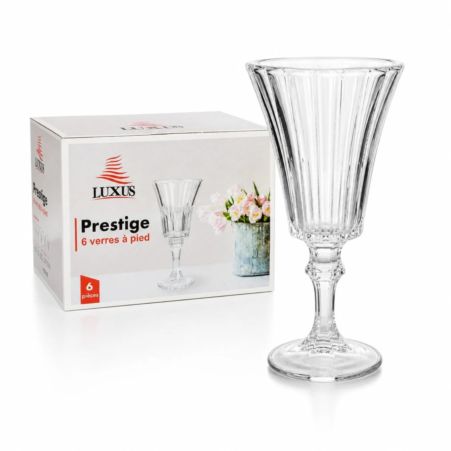 Pahar din Sticlă 16.5cm, cu Picior 6/set, Model Striat, Trasparent Engros