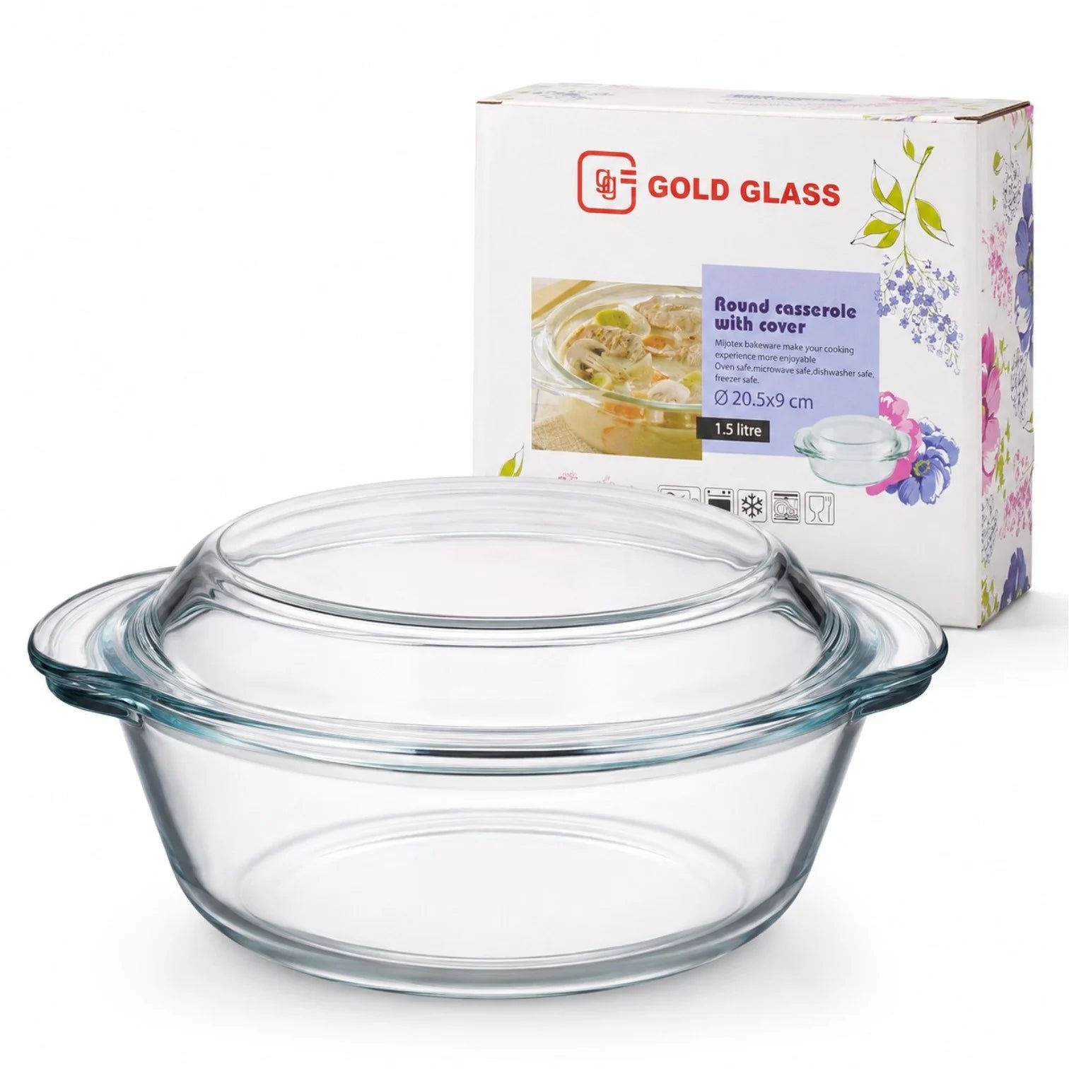 Vas Rotund 20.5x9cm cu Capac, din Sticlă Termorezistentă 1.5L, pentru Cuptor și Gătit, Model Transparent Engros