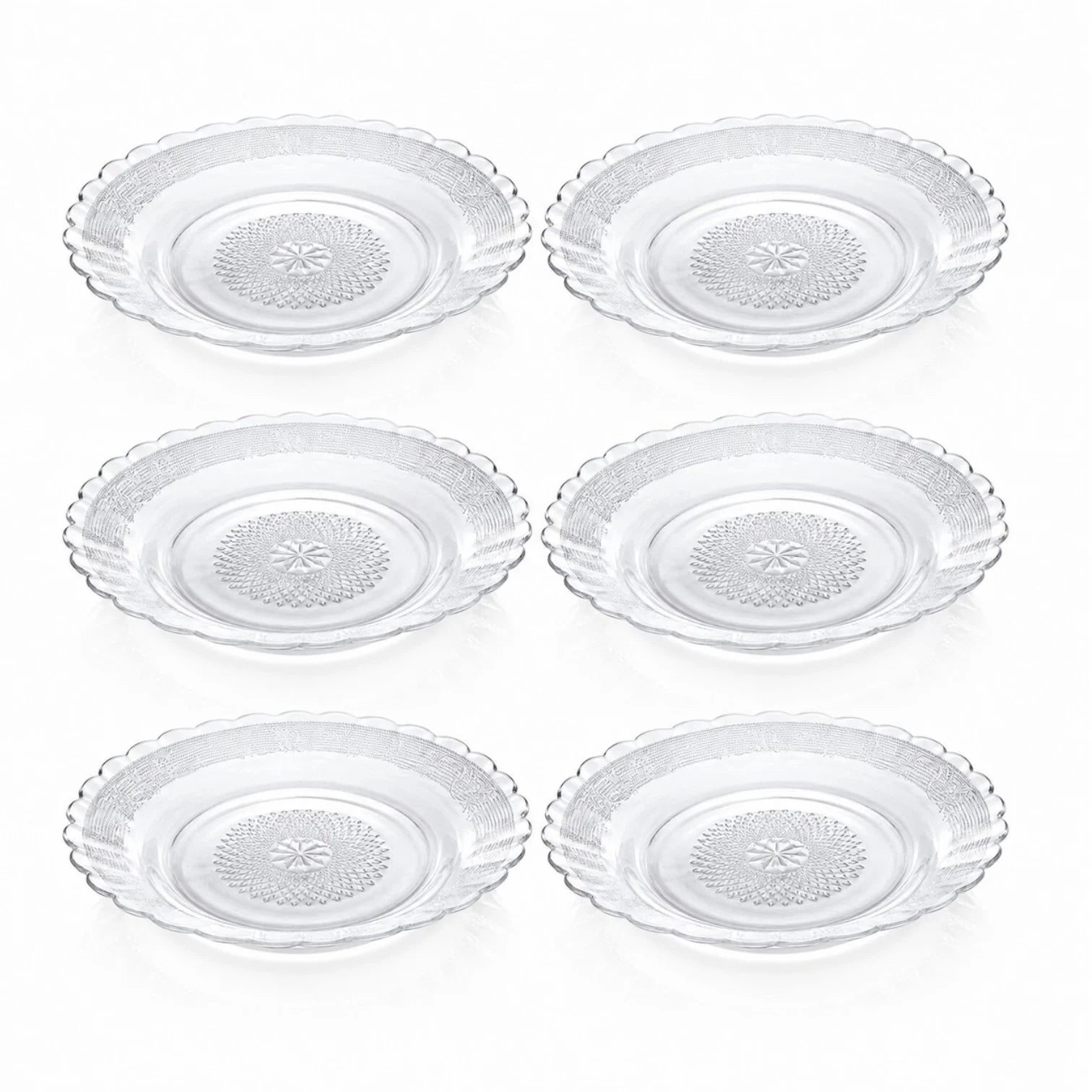 Farfurie Adâncă din Sticlă 19.5x3cm, Model Embosat 6/set, cu Margini Ondulate, Transparentă Engros