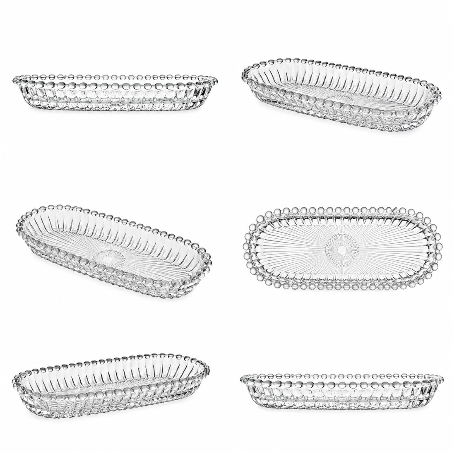 Platou Oval 14.5x6.5x2cm, din Sticlă 6/set, Model Embosat cu Margini Perlate, Transparent Engros