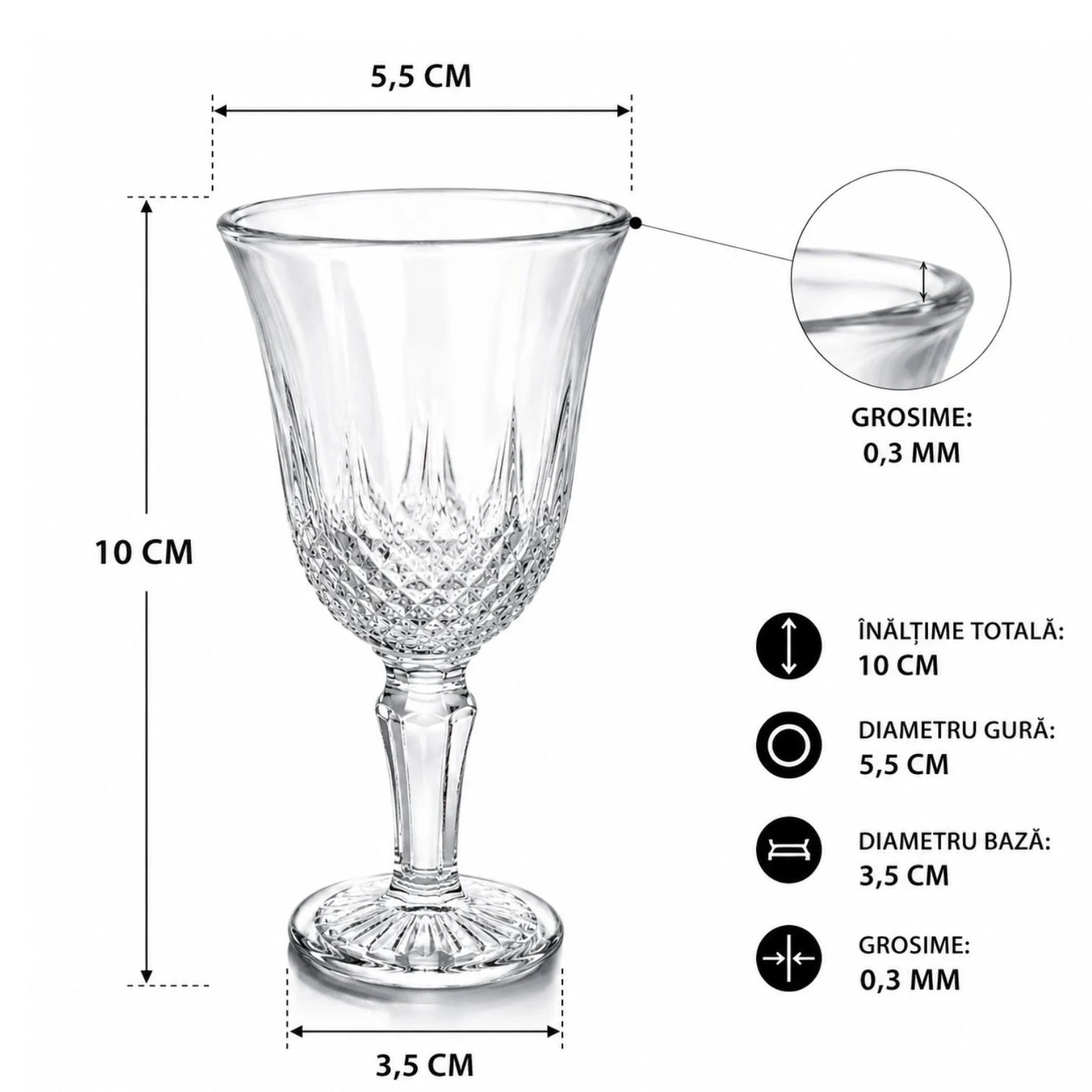 Pahar din Sticlă cu Picior 10cm, Model Cristal Embosat, 6/set Transparent Engros