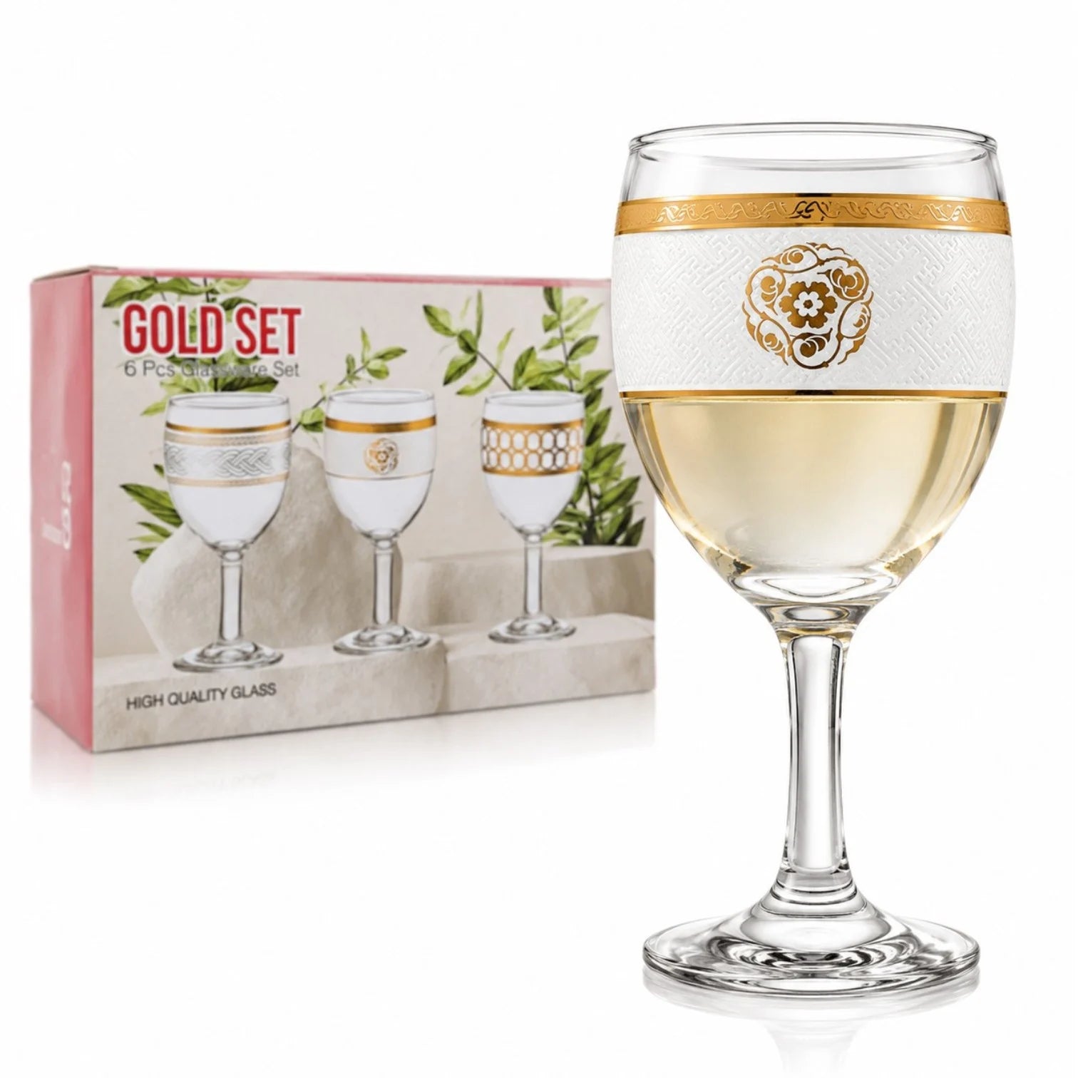 Pahar cu Picior 15cm, din Sticlă 6/set, Model Floral Auriu, Transparent Engros