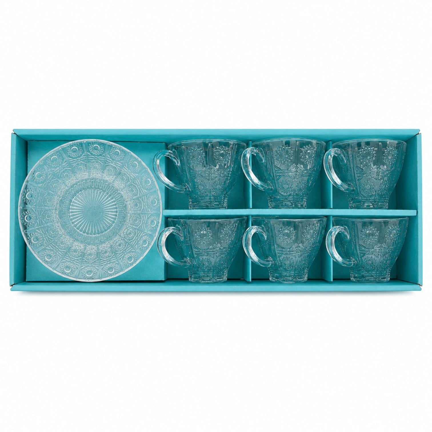 Ceasca din Sticla 6/set, cu Farfurie 14.5cm, Model cu Soare, 7x9cm Engros