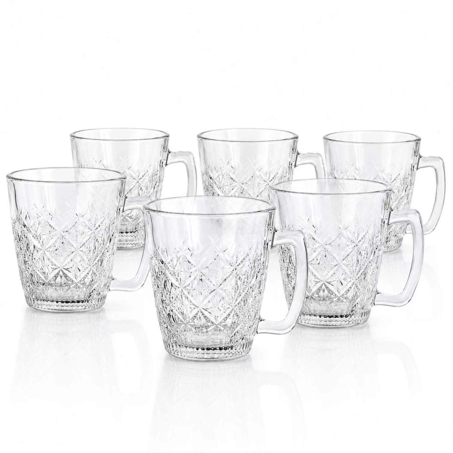 Cana din Sticla 6/set, Transparenta, 8x7.5x5cm, Model Cristal cu Maner Engros