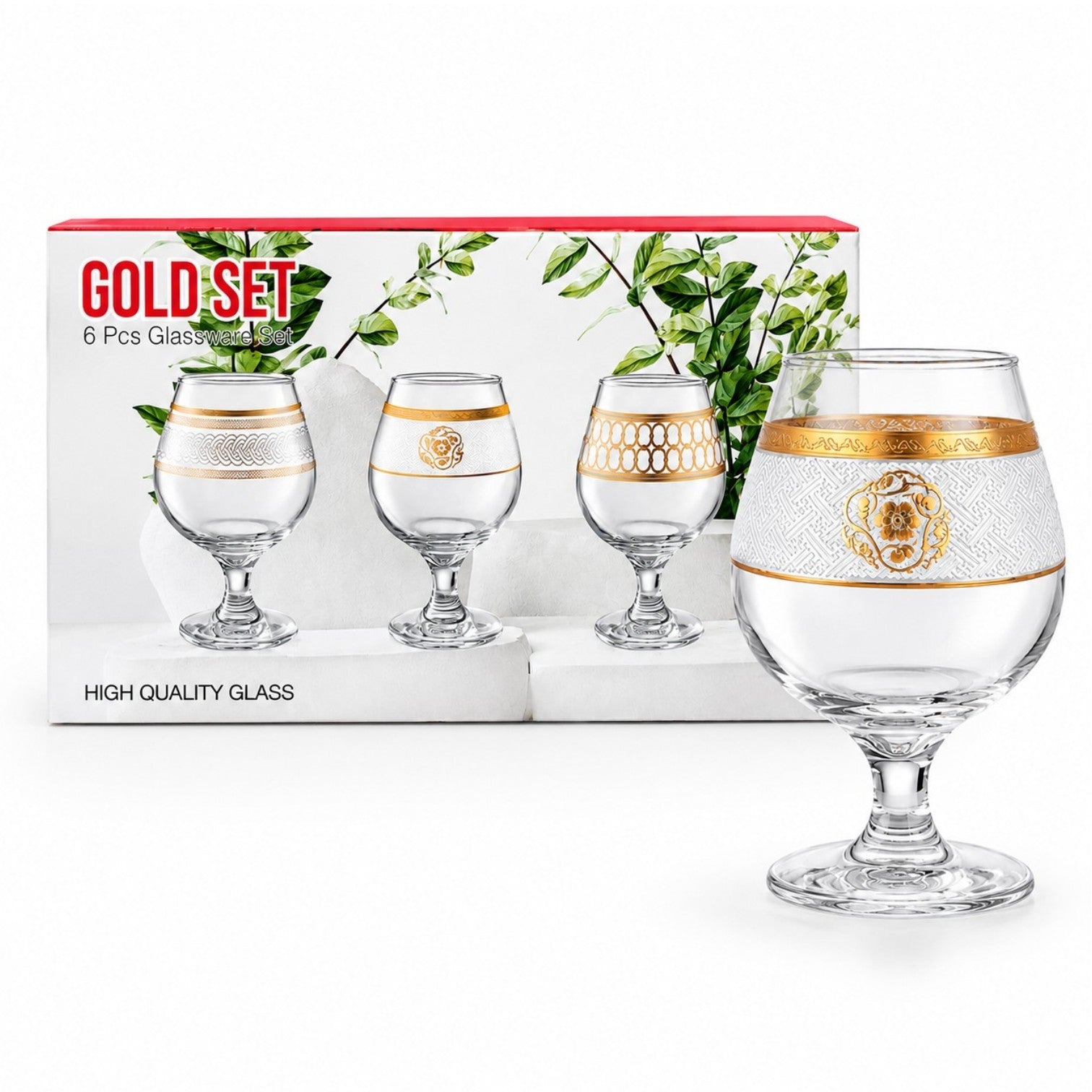 Pahar cu Picior 6/set, Model Gold Alb-Auriu, 13cm din Sticla, Transparent Engros