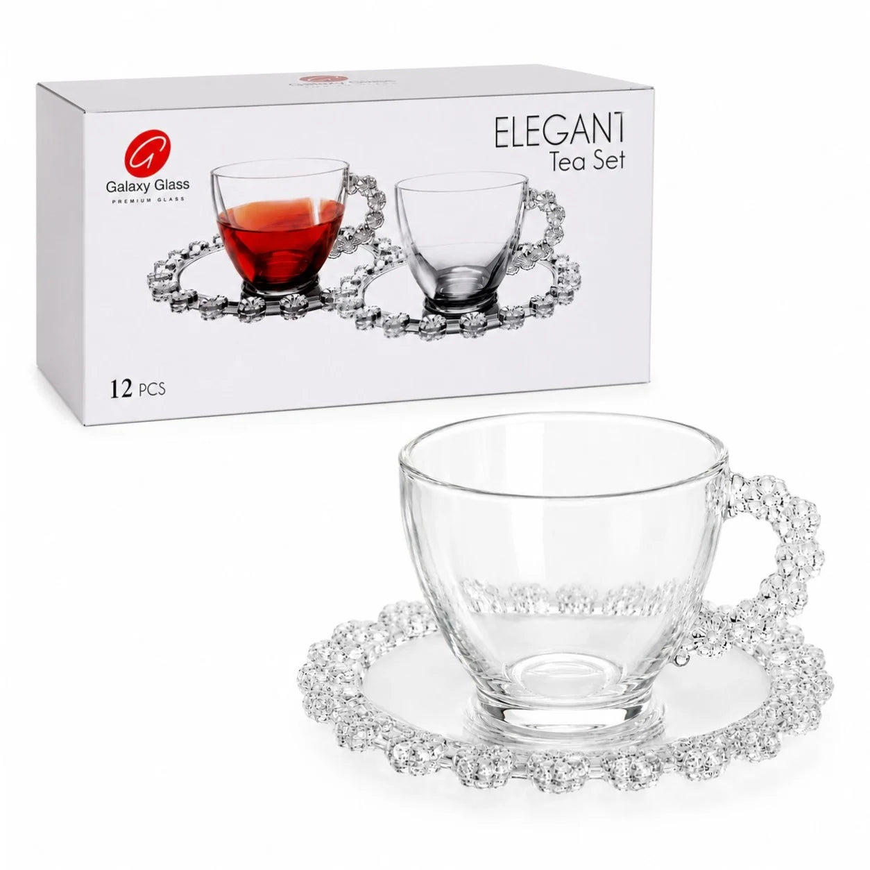 Cana 7cm cu Farfurioara 13.5cm, din Sticla 6/set, Model Floricele cu Maner, Transparenta Engros
