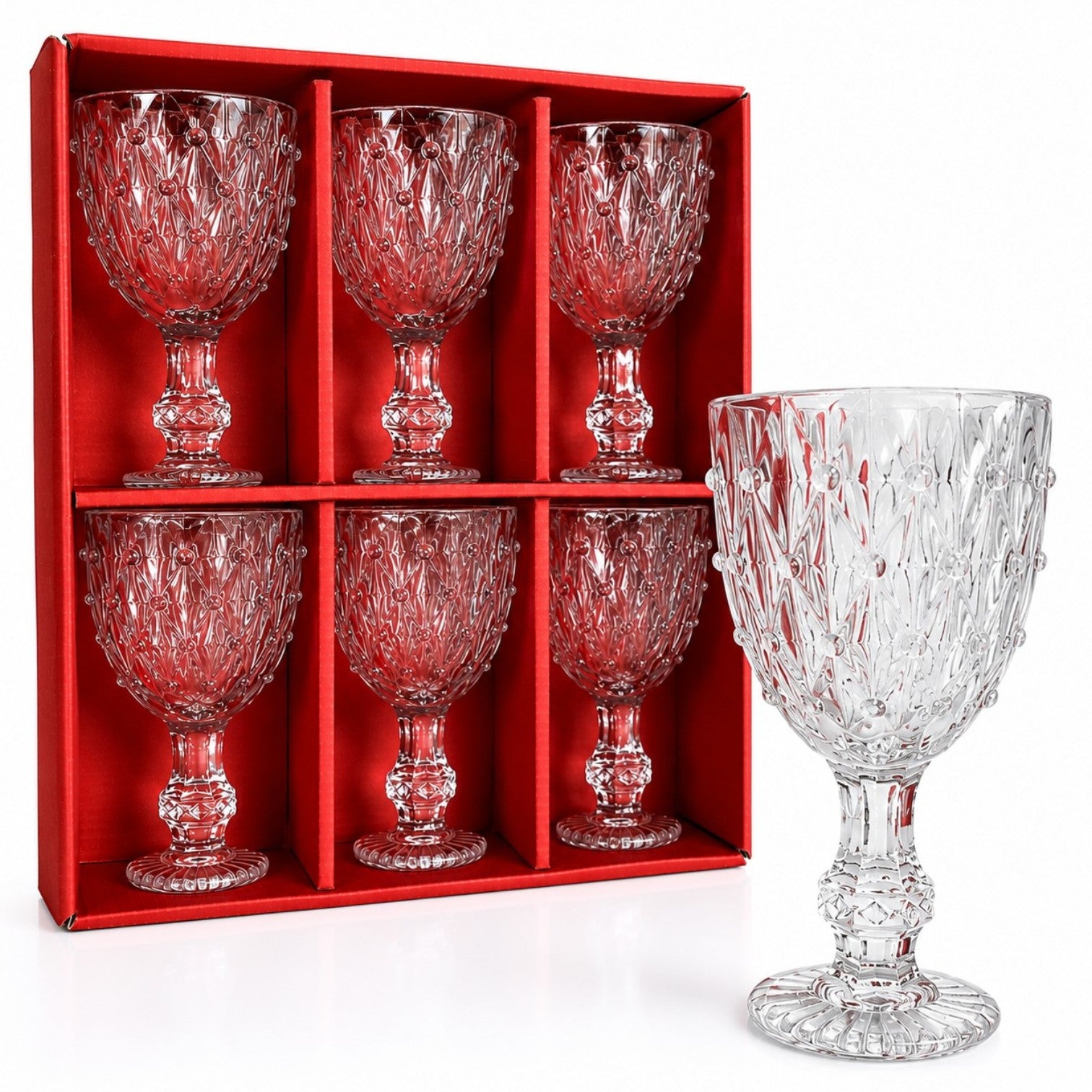Pahar cu Picior 6/set, din Sticlă 14x7.5cm, Model Cristal Embosat, Transparent Engros
