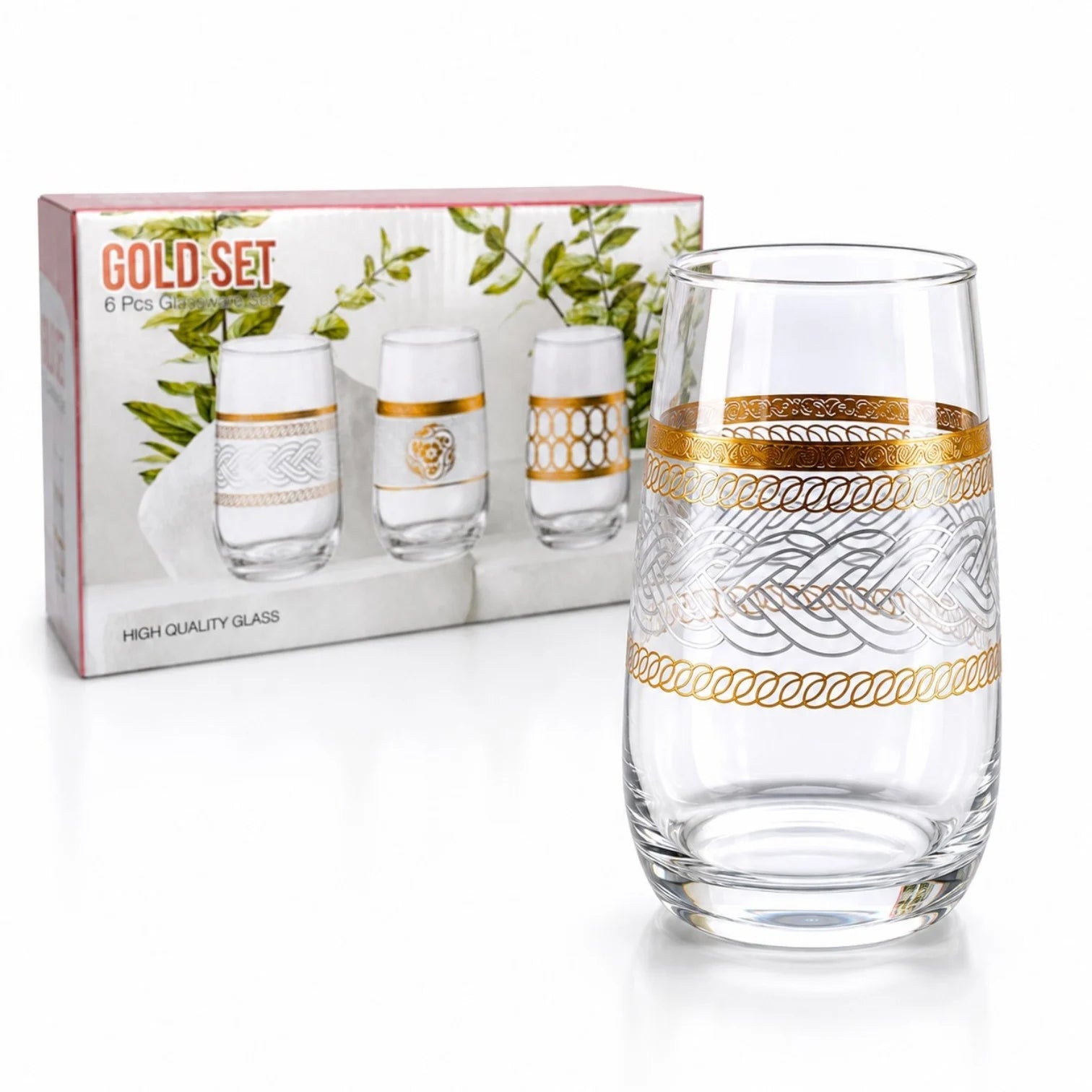 Pahar din Sticlă 6/set, Model Gold 13cm, Transparent Engros