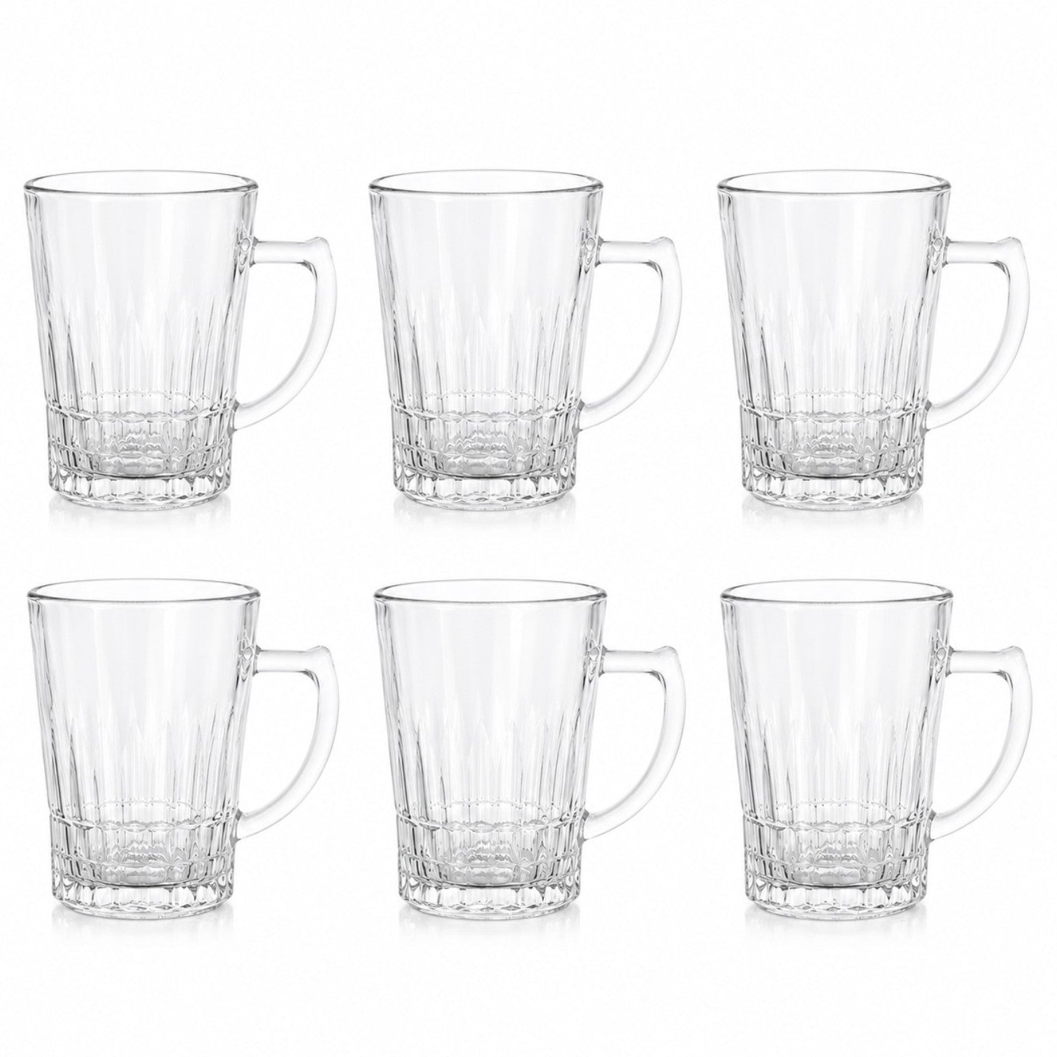 Cană din Sticlă 6/set, cu Mâner și Bază Striată 10x7cm, Transparentă Engros