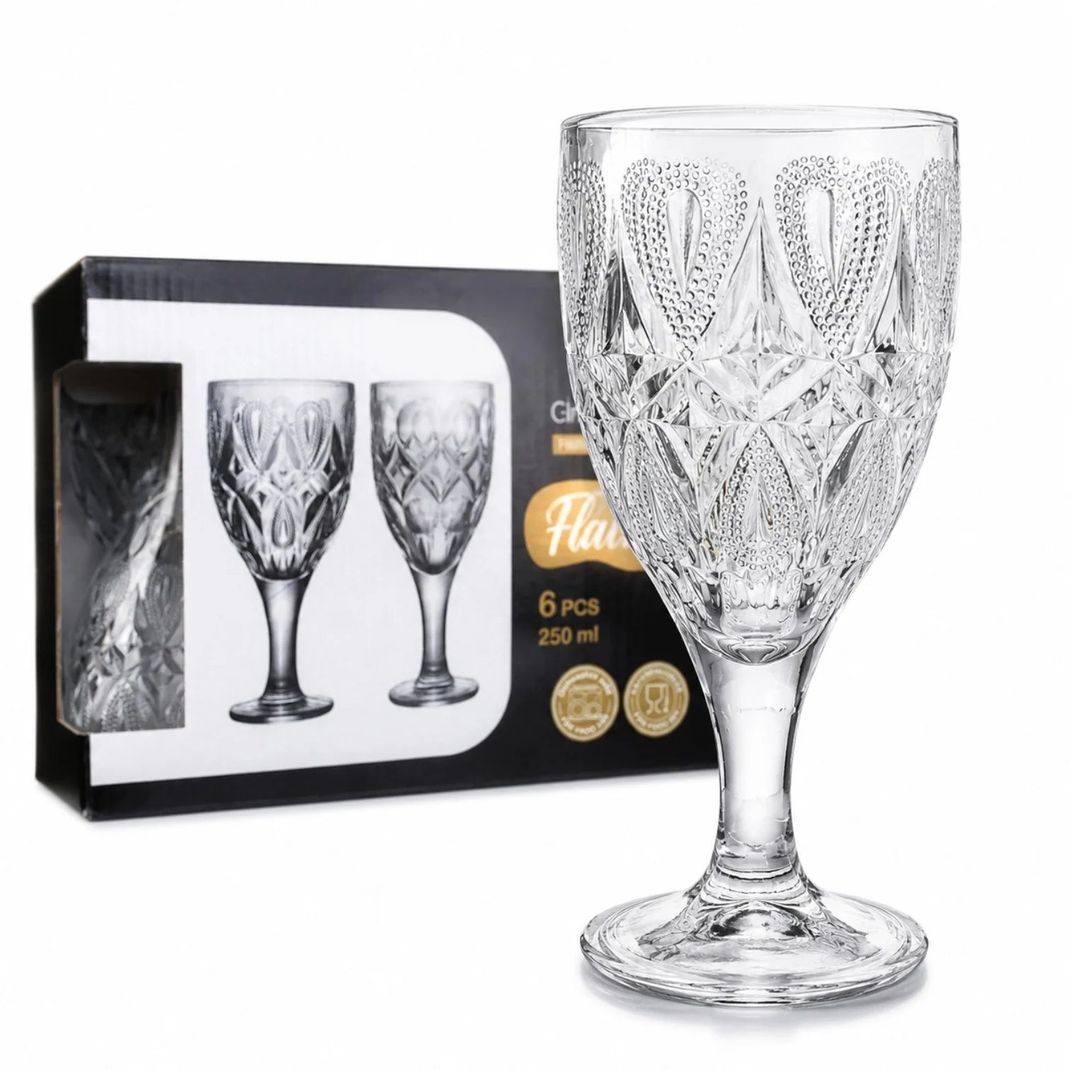 Pahar cu Picior 6/set, din Sticlă 16cm, Model Lacrimă și Diamant, Transparent Engros
