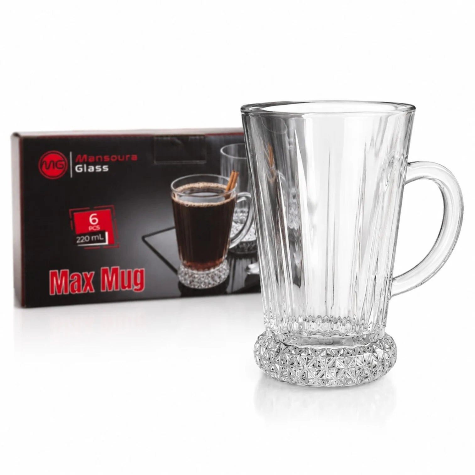 Cană din Sticlă 6/set, Model Bază Cristal Embosată, 10.5x7x6cm, Transparentă Engros