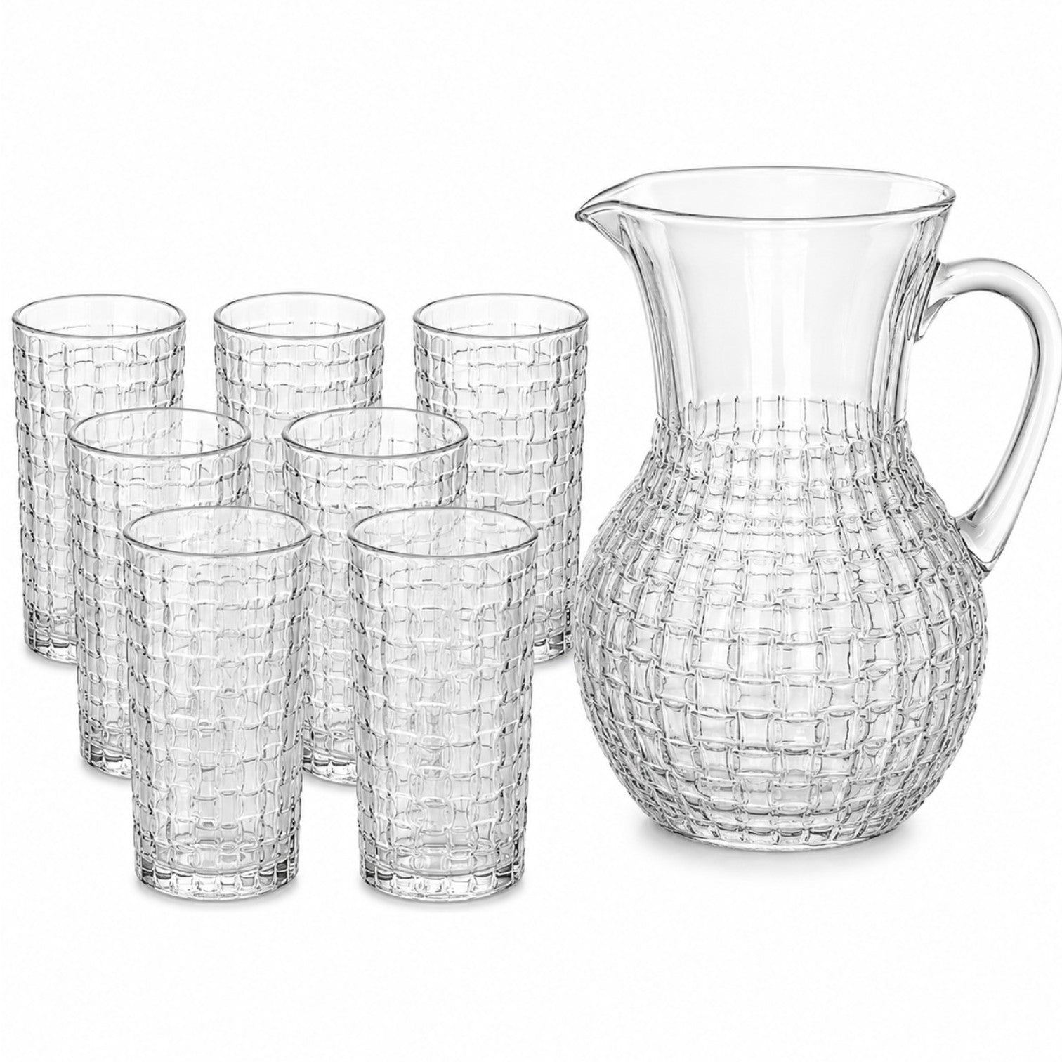 Carafa 22cm, cu 6 Pahare 13.5cm, din Sticlă Texturată, Model Împletit, Transparent Engros