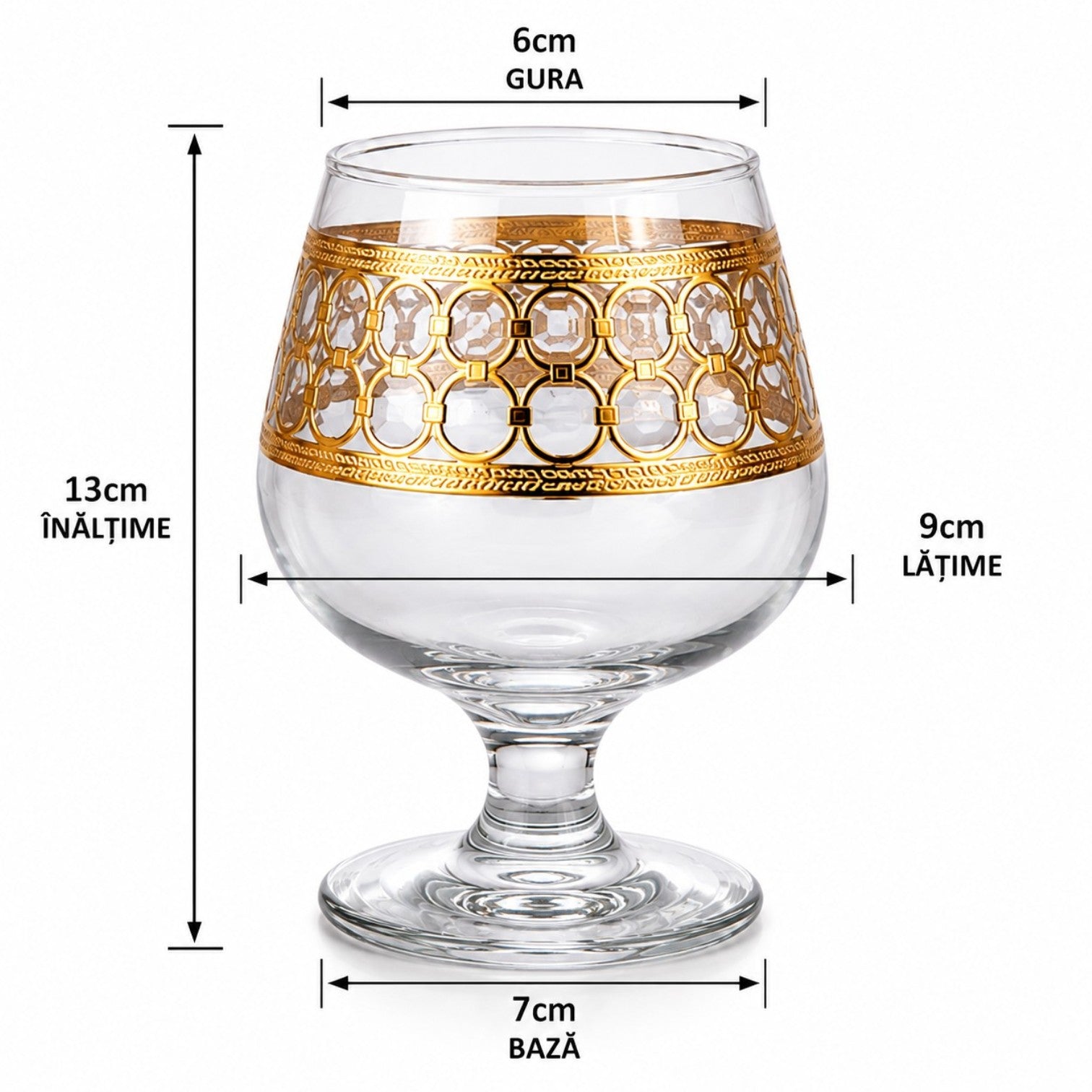 Pahar cu Picior 6/set, din Sticlă 13cm, Model cu Decor Auriu, Transparent Engros
