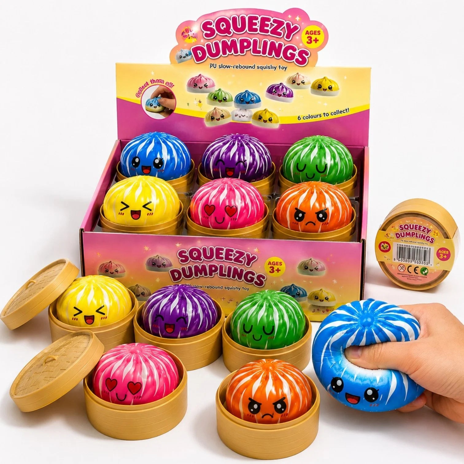 Jucărie Squishy Dumpling, în Cutie Plastic, 9cm, Antistres, Model Colorat cu Dungi Albe Engros