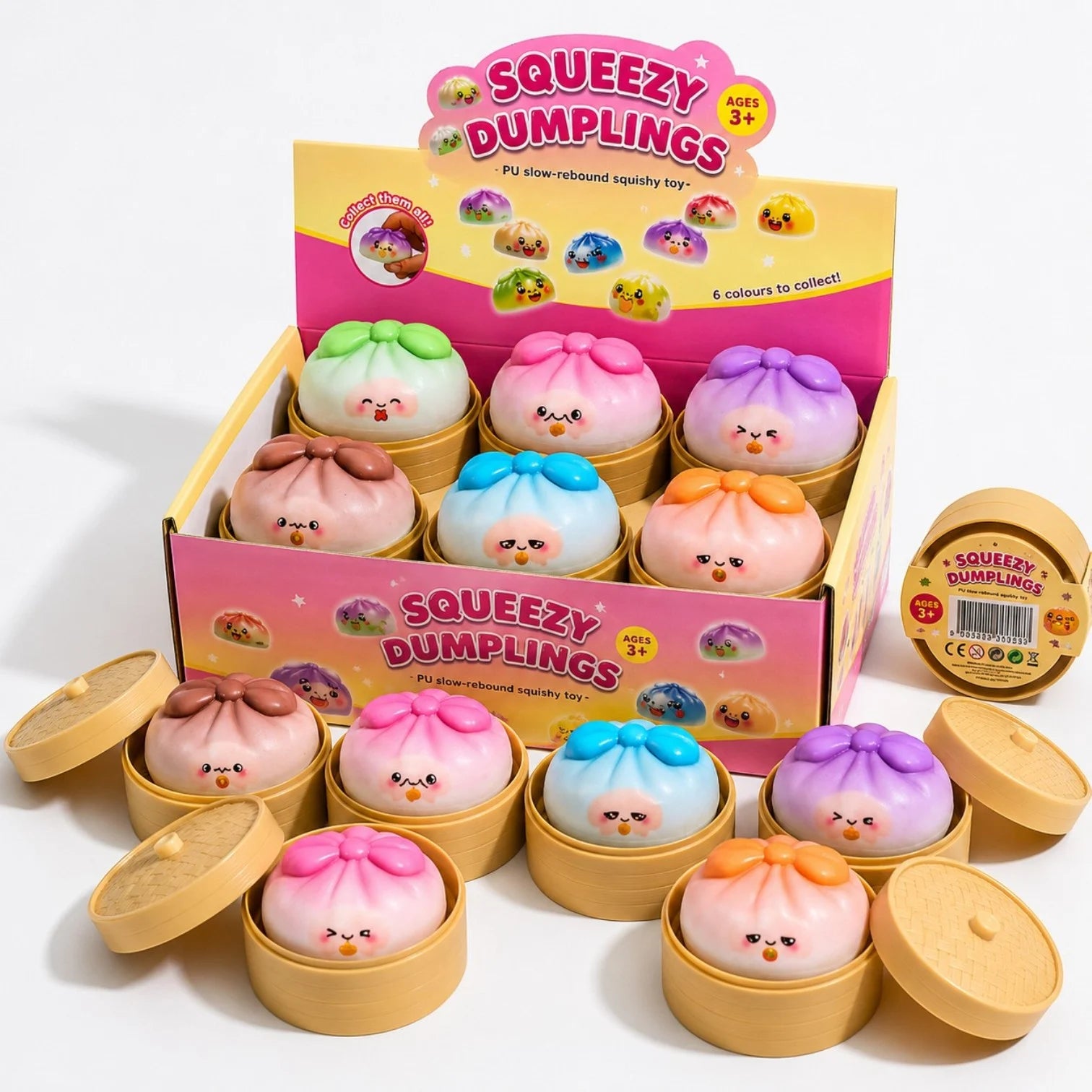 Jucărie Squishy Dumpling 12/set, în Cutie Plastic, 9cm, Antistres, Model Pastel cu Fundiță, Multicolor Engros