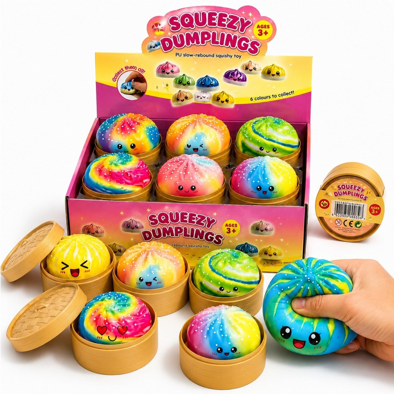 Jucărie Squishy Dumpling 12/set, în Cutie Plastic, 9cm, Antistres, Model Curcubeu cu Puncte Albe, Multicolore Engros