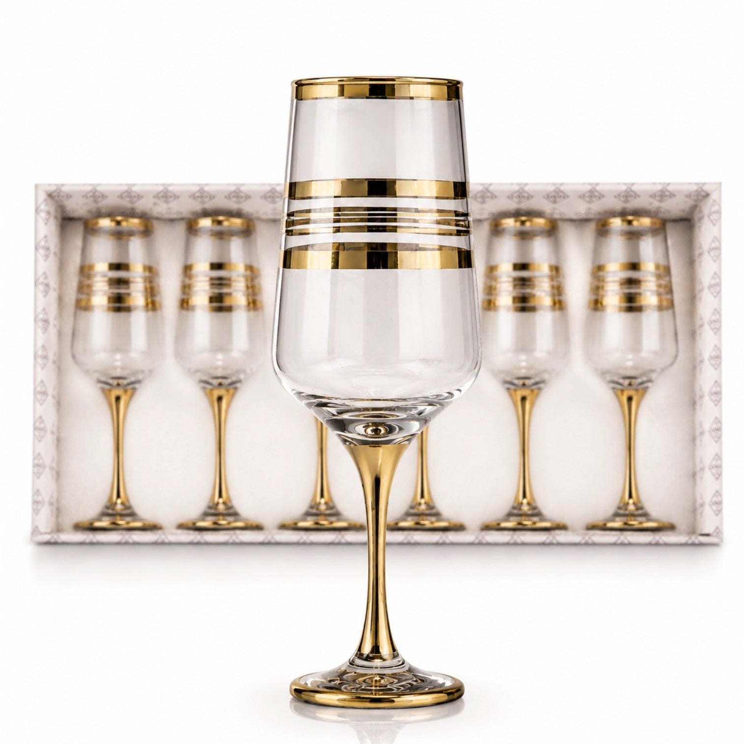 Pahar Flute 6/set, cu Picior 22cm, Model cu Decor Auriu, Transparent Engros
