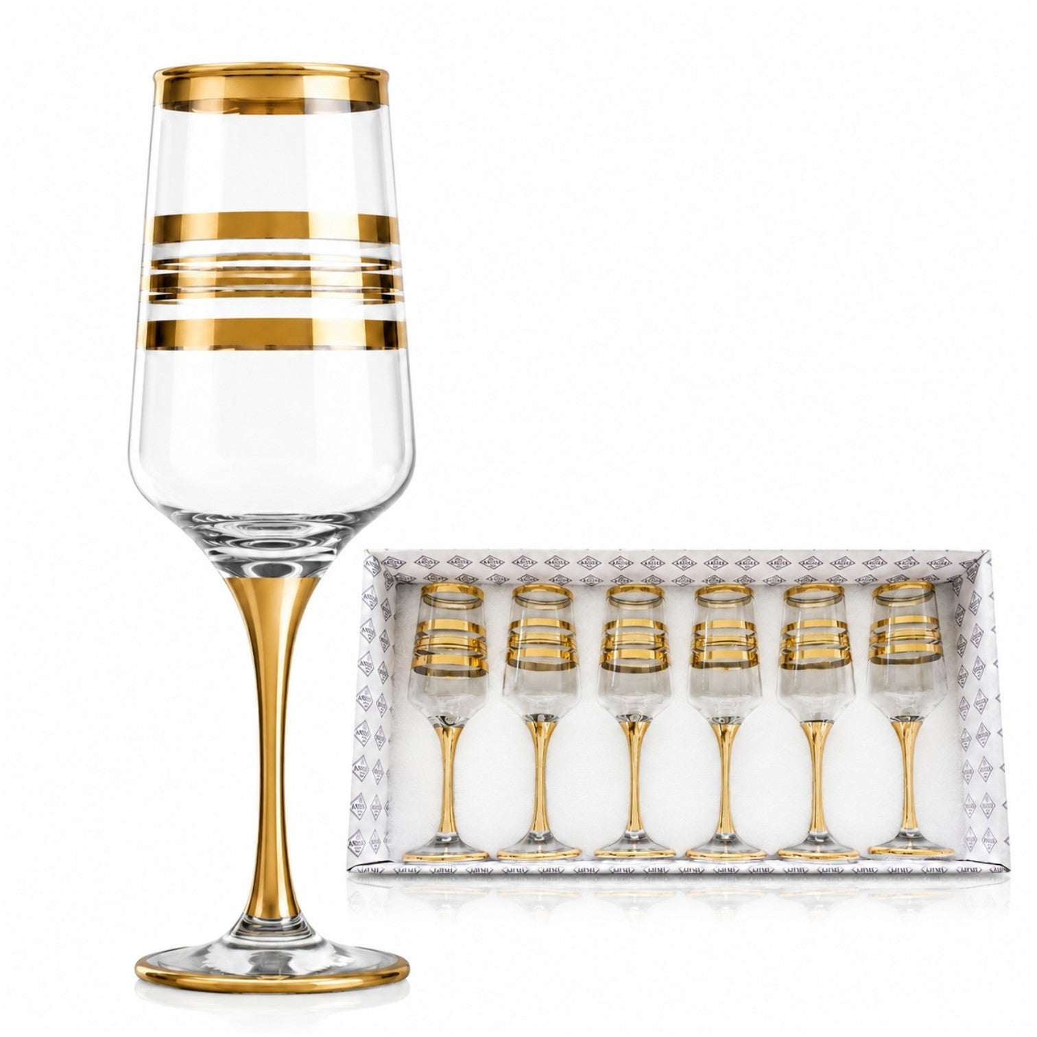 Pahar Flute 6/set, cu Picior 22cm, Model cu Decor Auriu, Transparent Engros