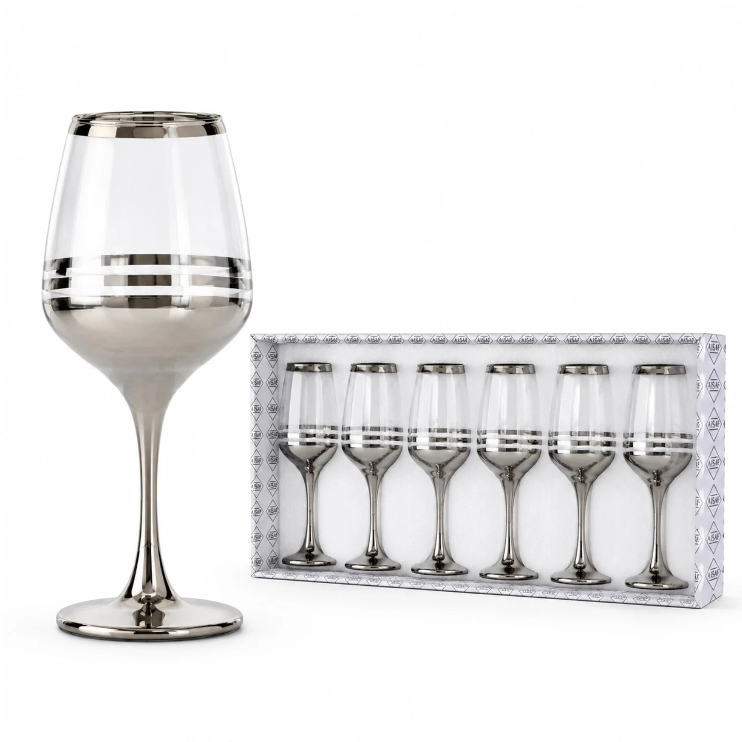 Pahar cu Picior 6/set, 20.5cm, din Sticlă, Model Cristal Argintiu cu Dungi, Transparent Engros