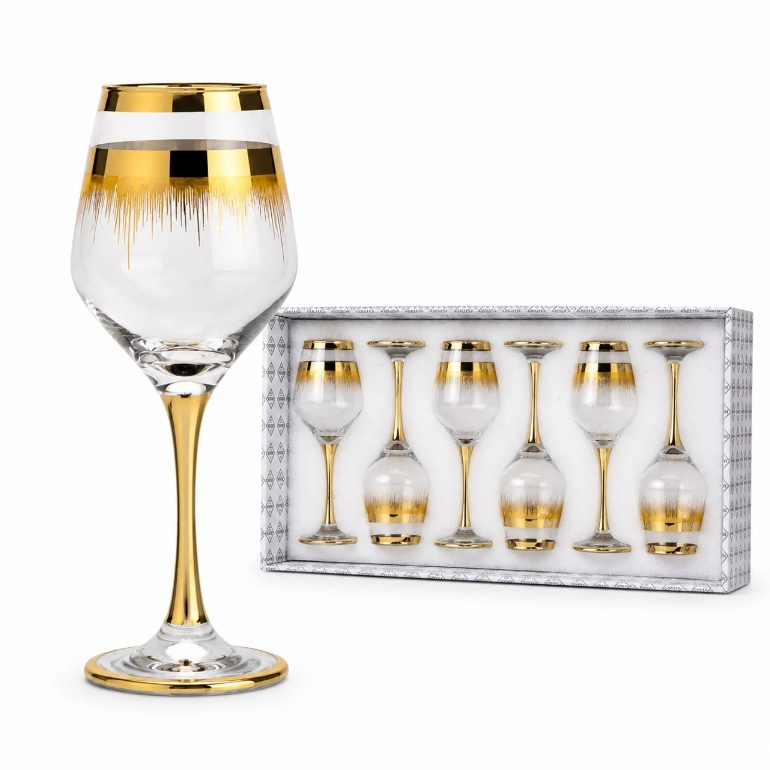 Pahar cu Picior 6/set, din Sticlă 20.5cm, Model Auriu cu Linii Decorative, Transparent Engros