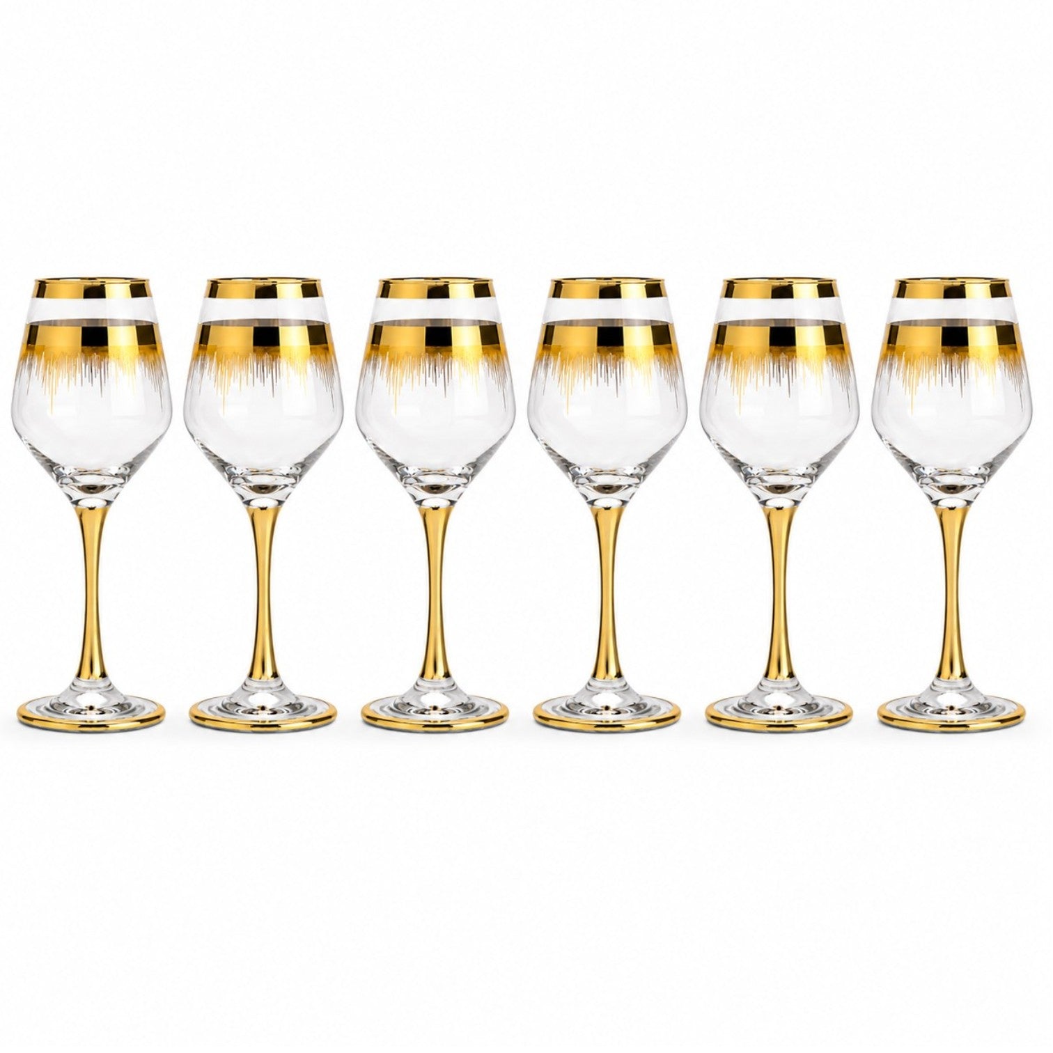 Pahar cu Picior 6/set, din Sticlă 20.5cm, Model Auriu cu Linii Decorative, Transparent Engros