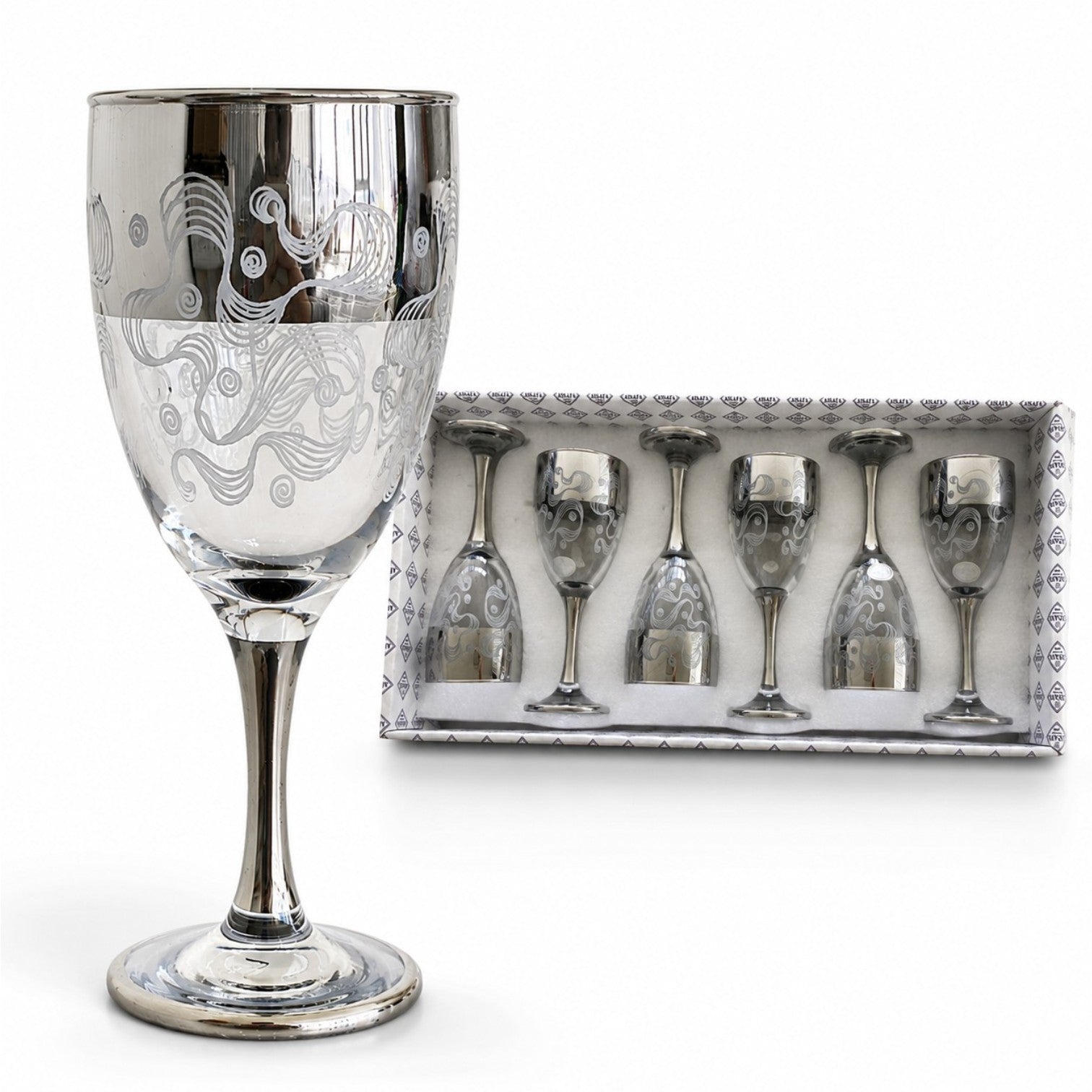 Pahar cu Picior 6/set, din Sticlă 18cm, Model cu Decor Argintiu, Transparent Engros