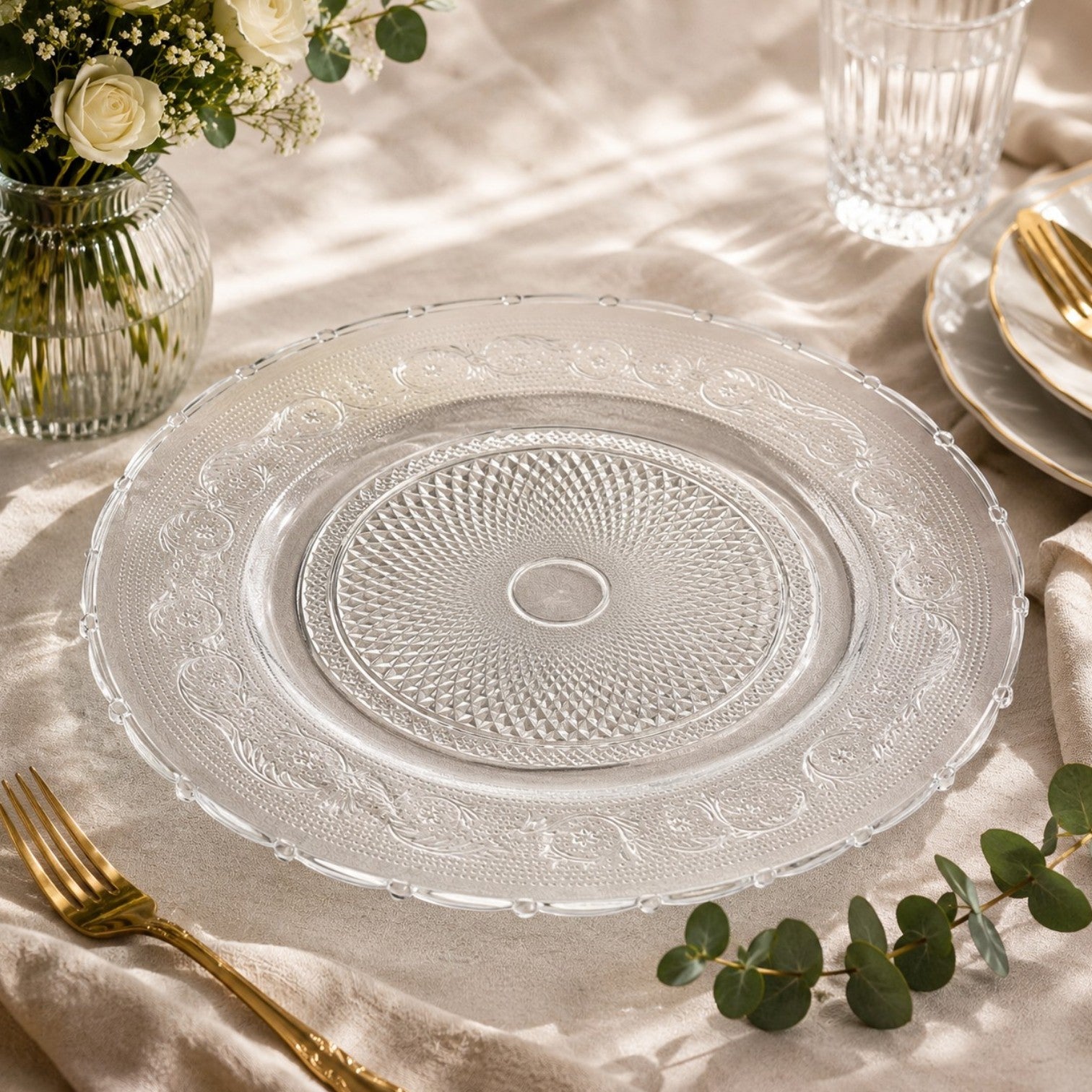 Platou din Sticla 32.5cm, Model Cristal Floral, Transparent Engros