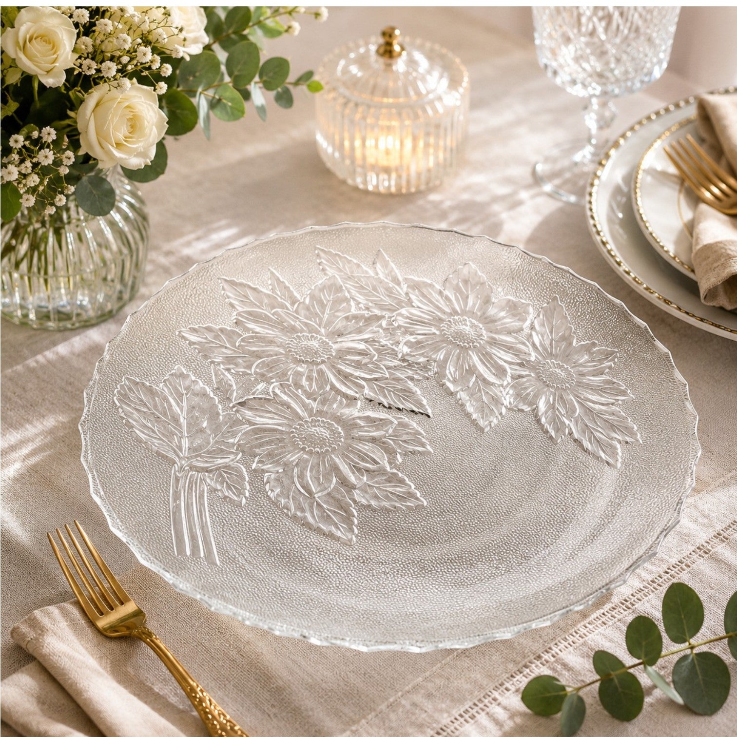 Platou din Sticla 30cm, Model Cristal Floral, Transparent Engros