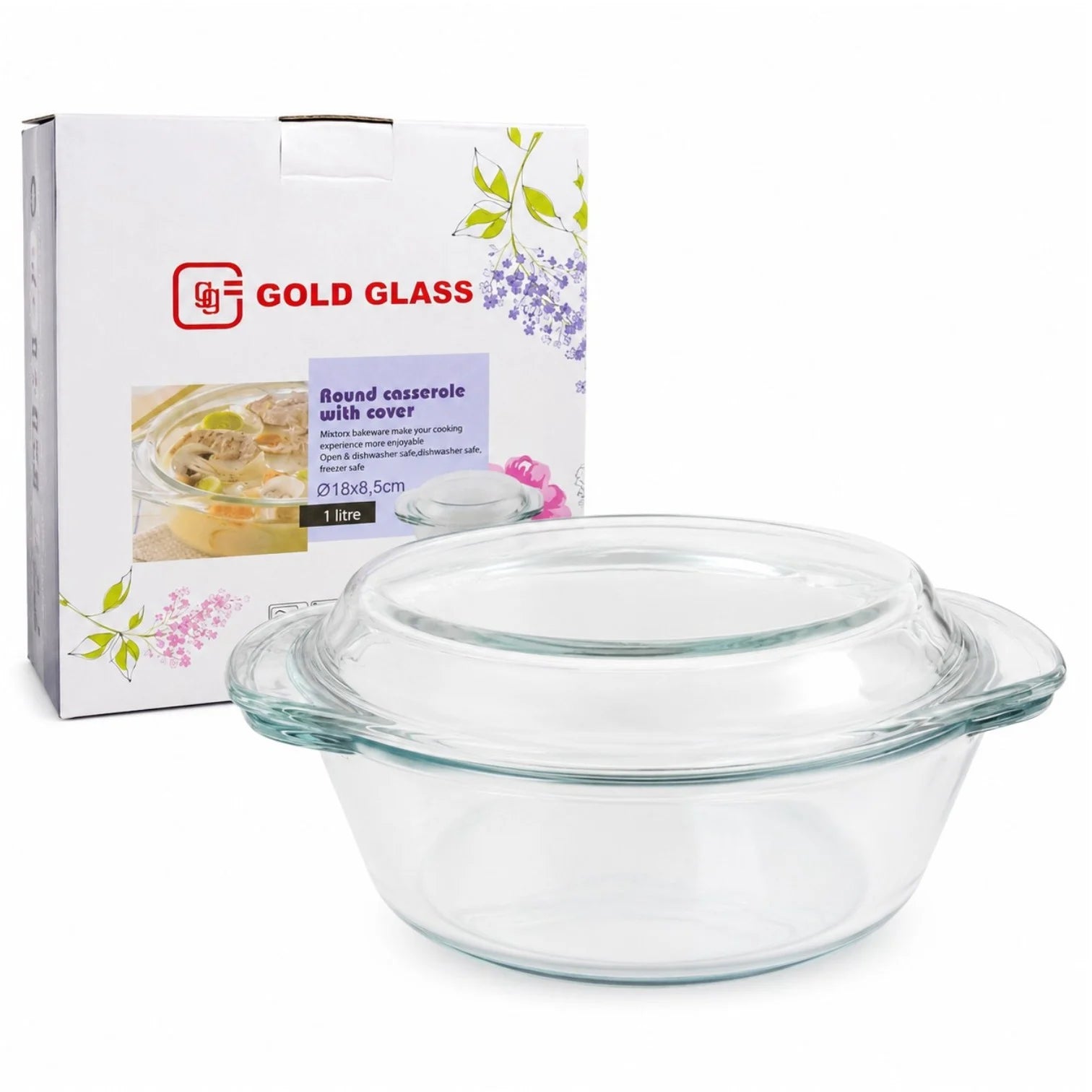 Vas Rotund 18x8.5cm cu Capac, din Sticlă Termorezistentă 1L, pentru Cuptor și Gătit, Model Transparent Engros