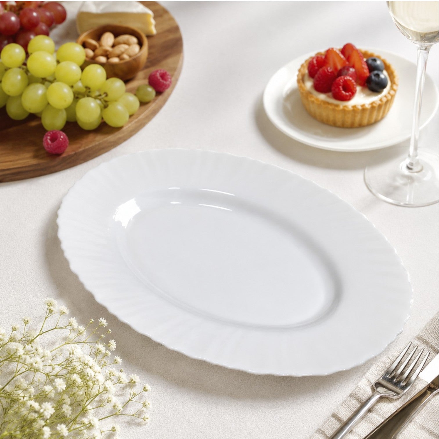 Platou Oval 2/set, din Opal 36cm, Model cu Margine Ondulată Engros