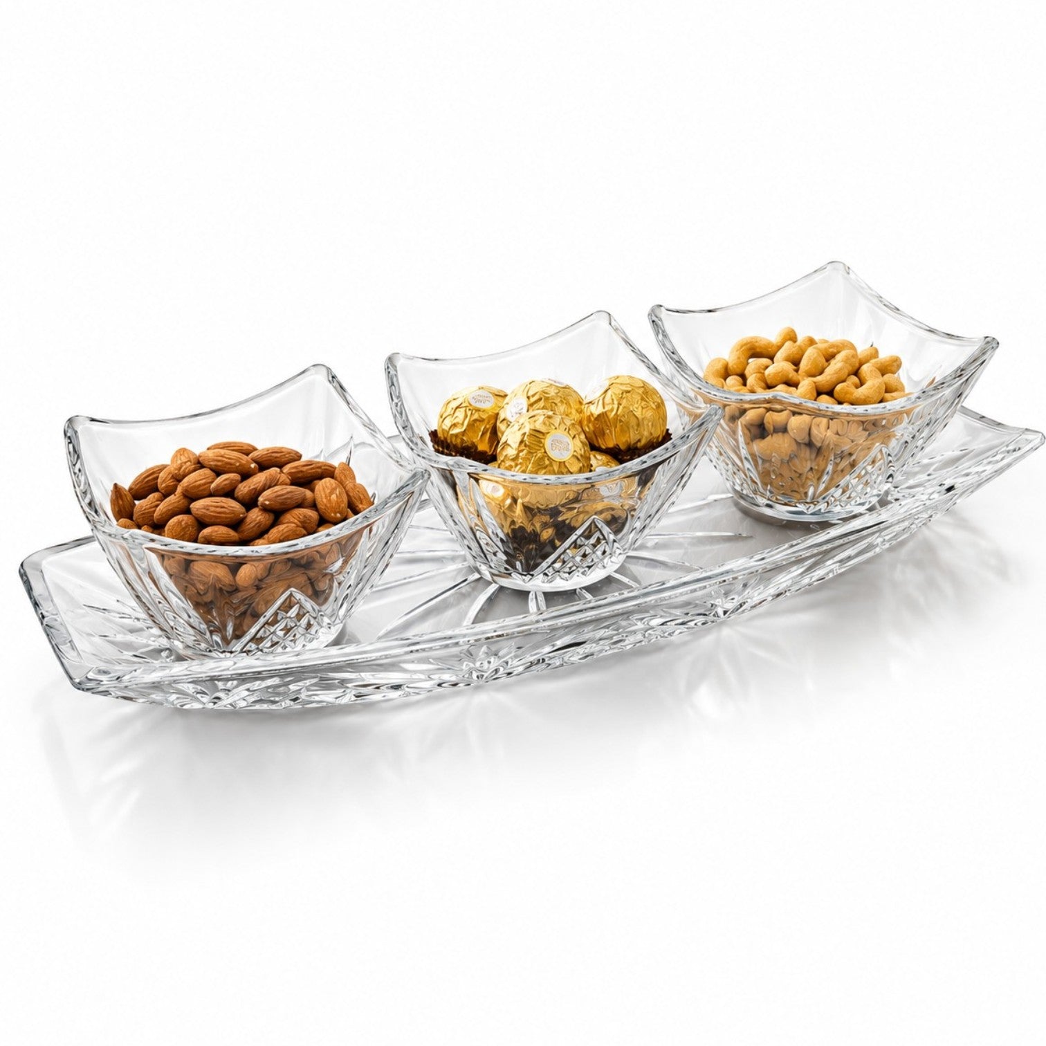 Boluri 9.5x6cm, cu Platou 30cm din Sticlă, 4 Piese, Model Cristal Engros
