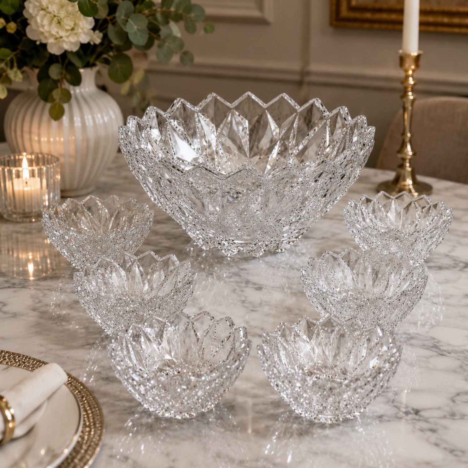 Bol din Sticlă 7/set, Model Cristal, cu 6 Boluri Mici și Bol Mare 23.5x11.5cm, Transparent Engros