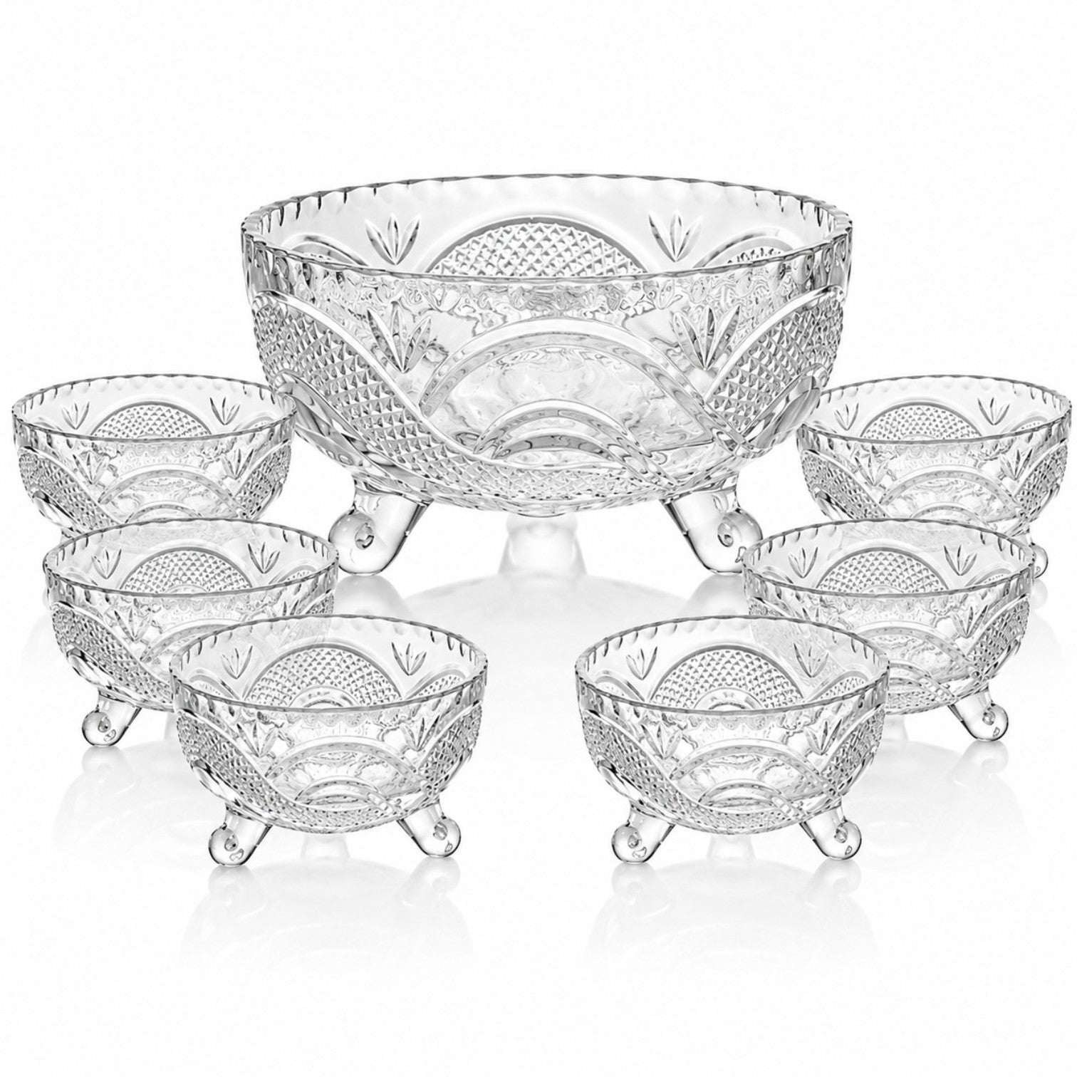 Bol din Sticlă 7/set, cu Picior și Textură Cristal, cu 6 Boluri Mici și Bol Mare 16x9cm, Transparent Engros