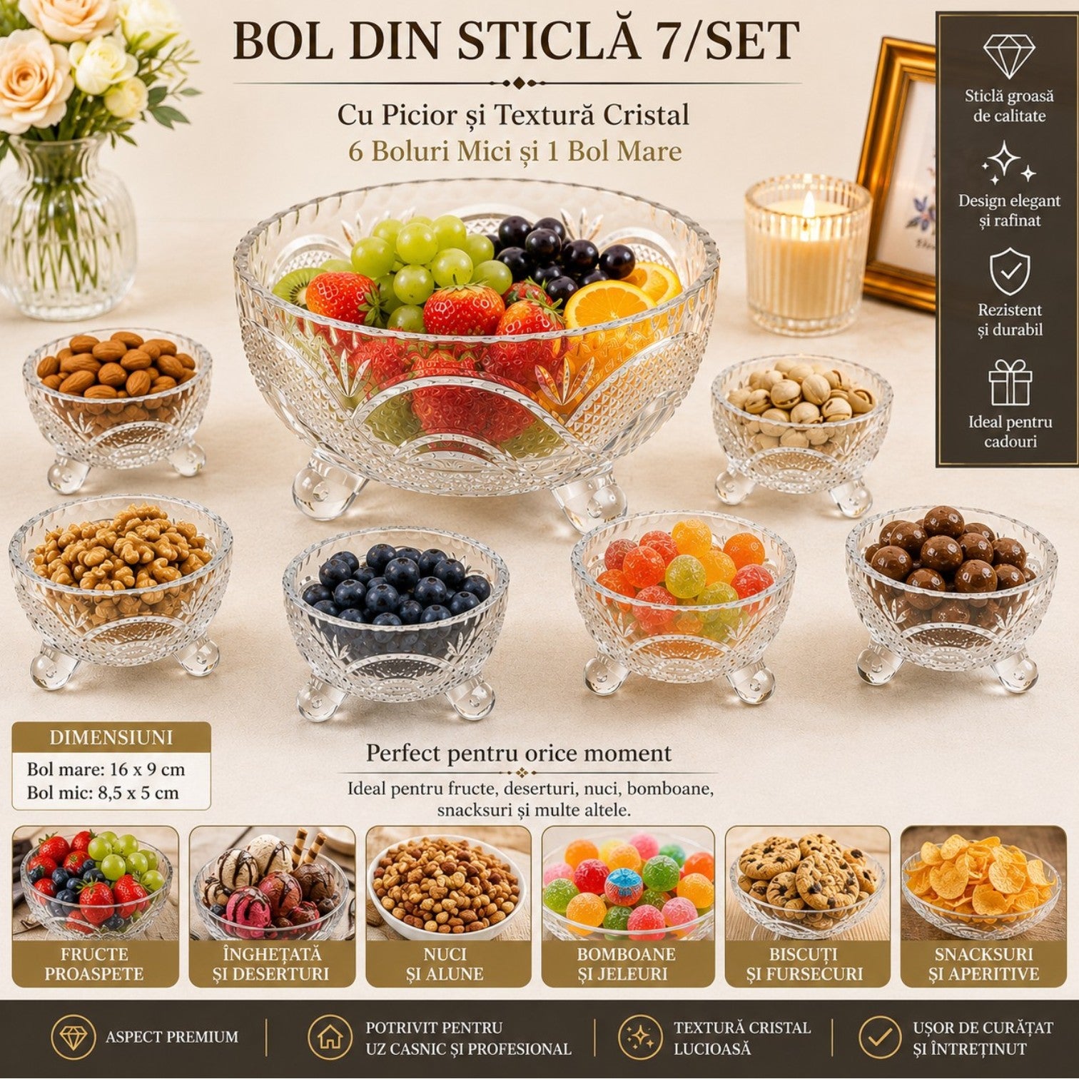 Bol din Sticlă 7/set, cu Picior și Textură Cristal, cu 6 Boluri Mici și Bol Mare 16x9cm, Transparent Engros