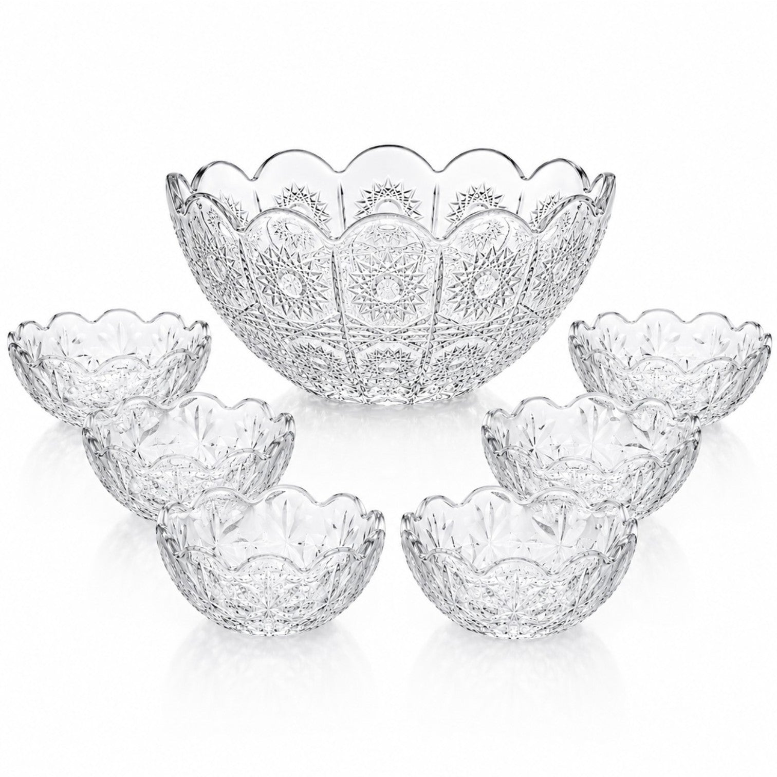 Bol din Sticlă 7/set, Model Cristal Floral, cu 6 Boluri Mici și Bol Mare 23x10cm, Transparent Engros