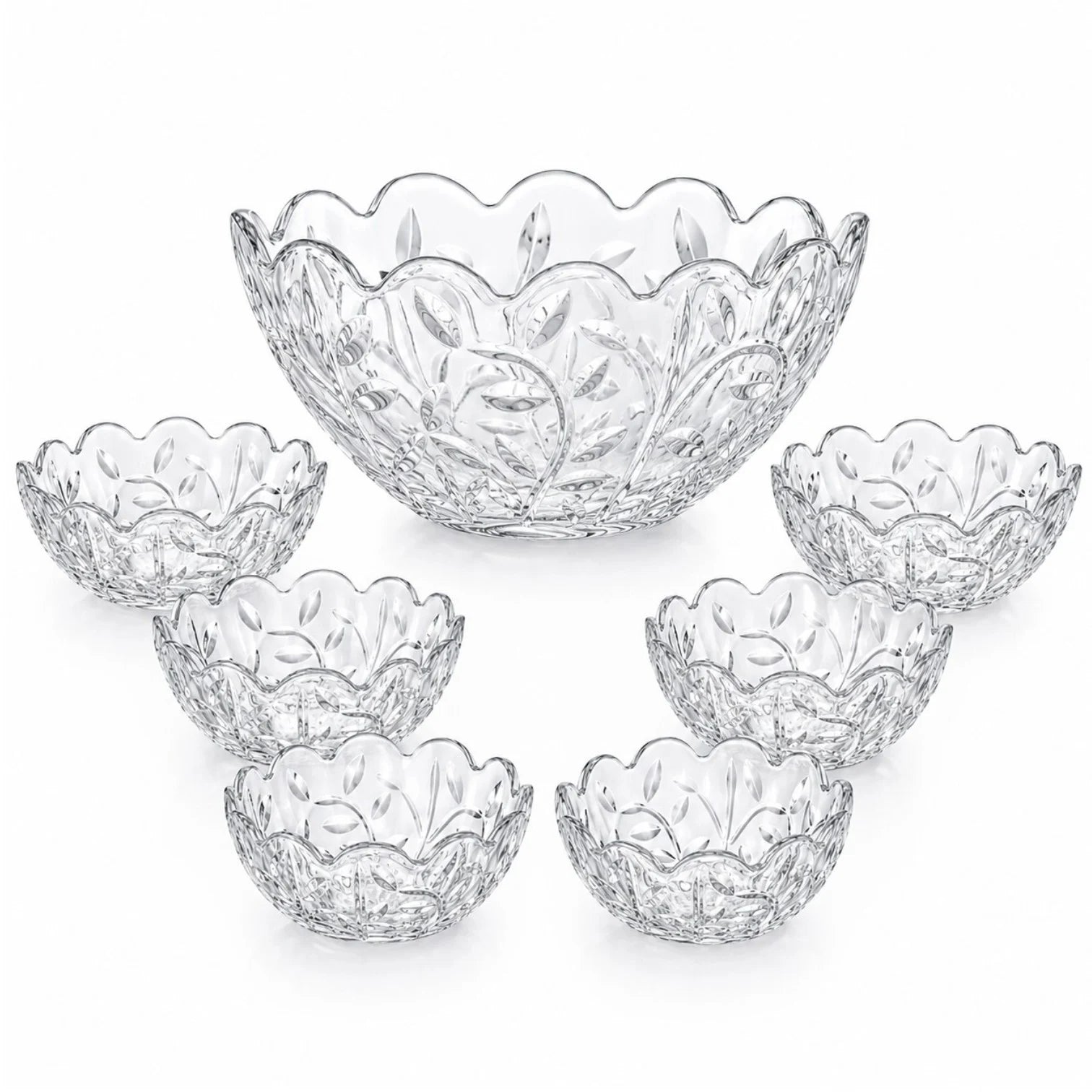 Bol din Sticlă 7/set, Model Cristal Floral, cu 6 Boluri Mici și Bol Mare 23x10cm, Transparent Engros