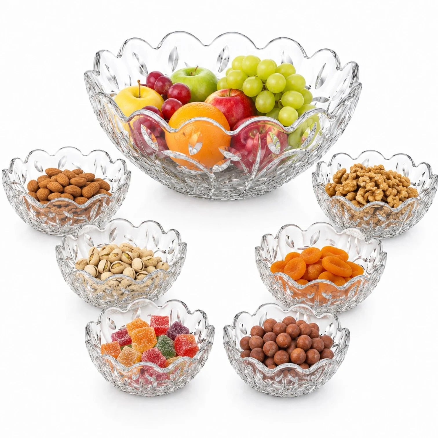 Bol din Sticlă 7/set, Model Cristal Floral, cu 6 Boluri Mici și Bol Mare 23x10cm, Transparent Engros
