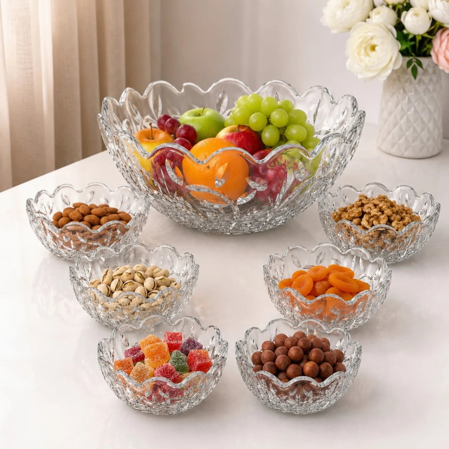 Bol din Sticlă 7/set, Model Cristal Floral, cu 6 Boluri Mici și Bol Mare 23x10cm, Transparent Engros