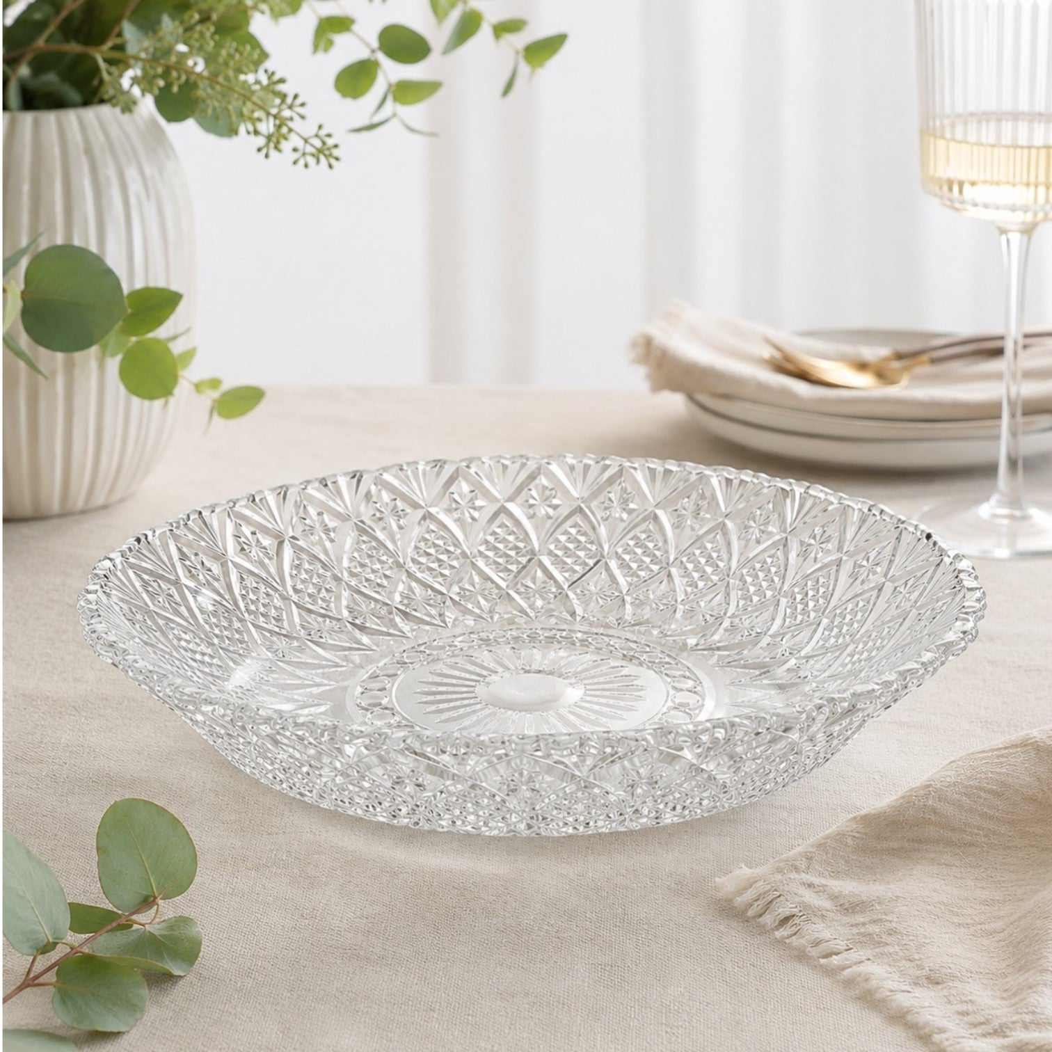 Platou din Sticlă 30cm, Model Cristal Floral Geometric, Transparent Engros