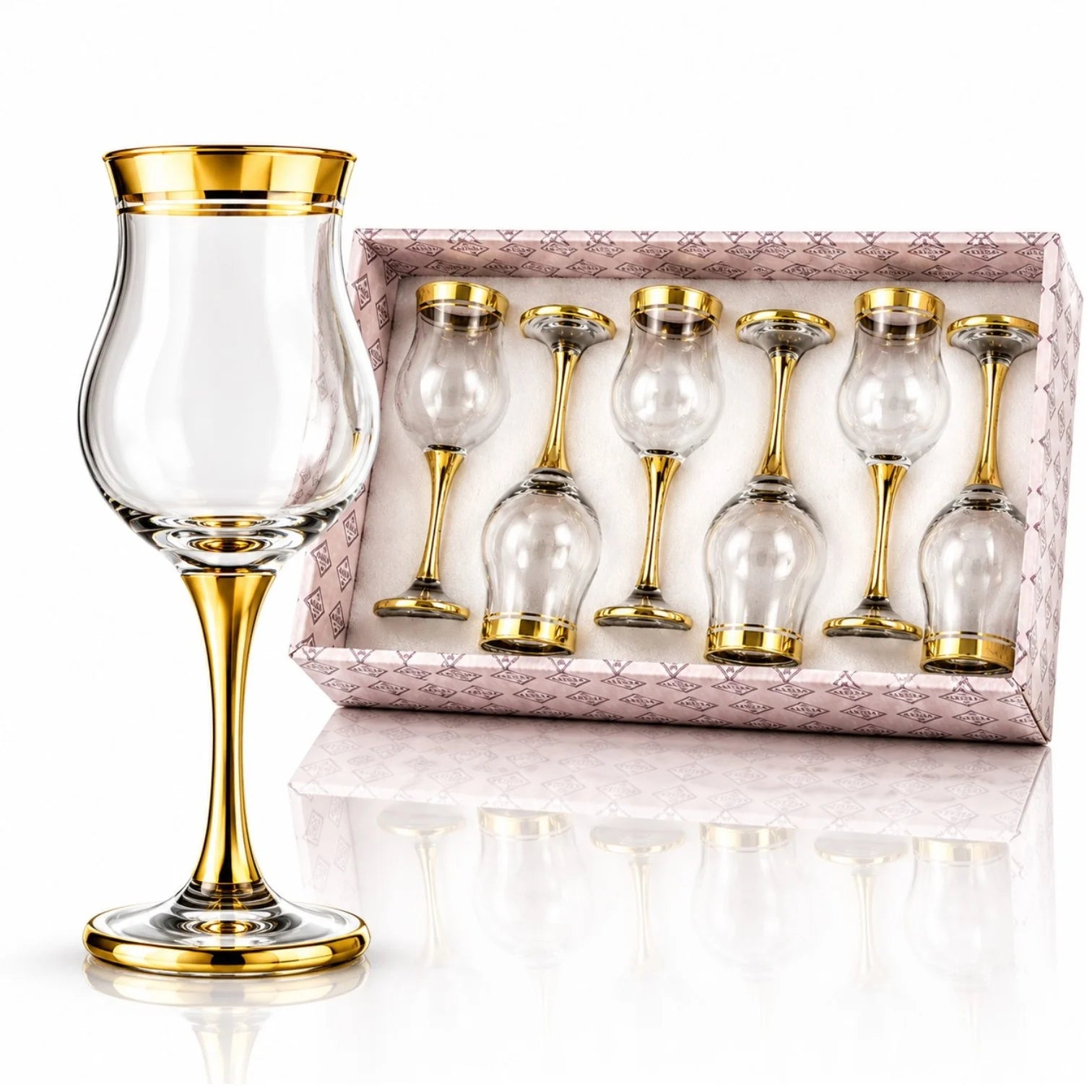 Pahar cu Picior 6/set, din Sticlă 20cm, Model cu Margine Aurie, Transparent Engros