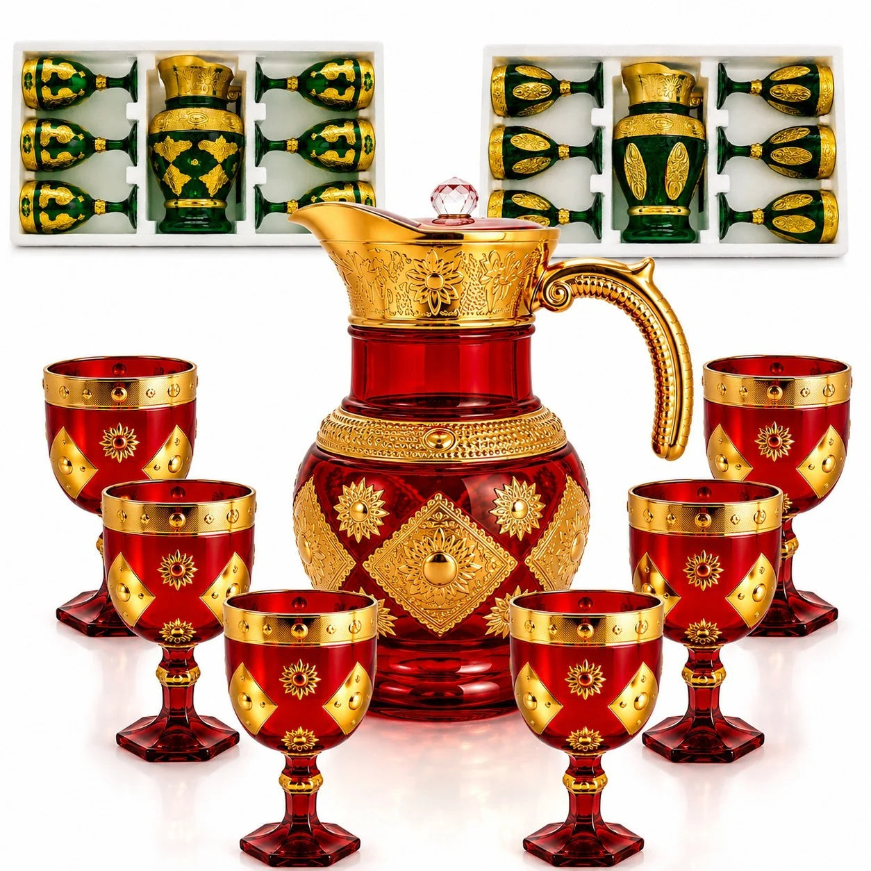 Carafă 25x15cm, cu 6 Pahare 13cm din Sticlă, Model Lux Oriental, Diferite Culori Engros