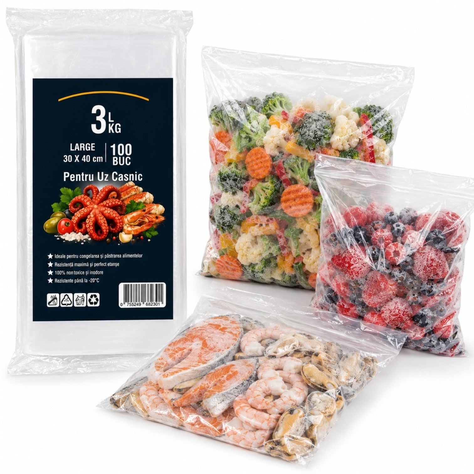 Pungi pentru Congelare si Depozitare Alimente 3L, 30x40cm, 100 Buc, Transparente Engros