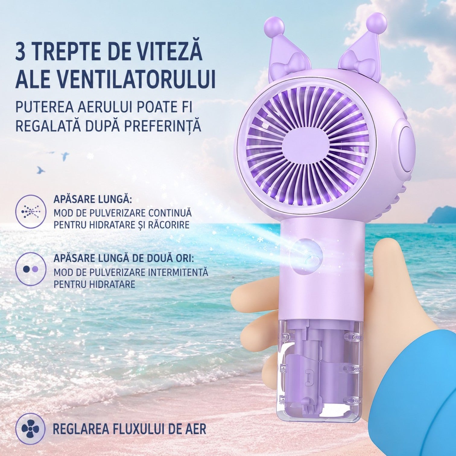 Ventilator Portabil 21cm, cu Pulverizare, 3 Trepte de Viteza, Rezervor Apa, Reincarcabil USB, Diferite Culori Engros