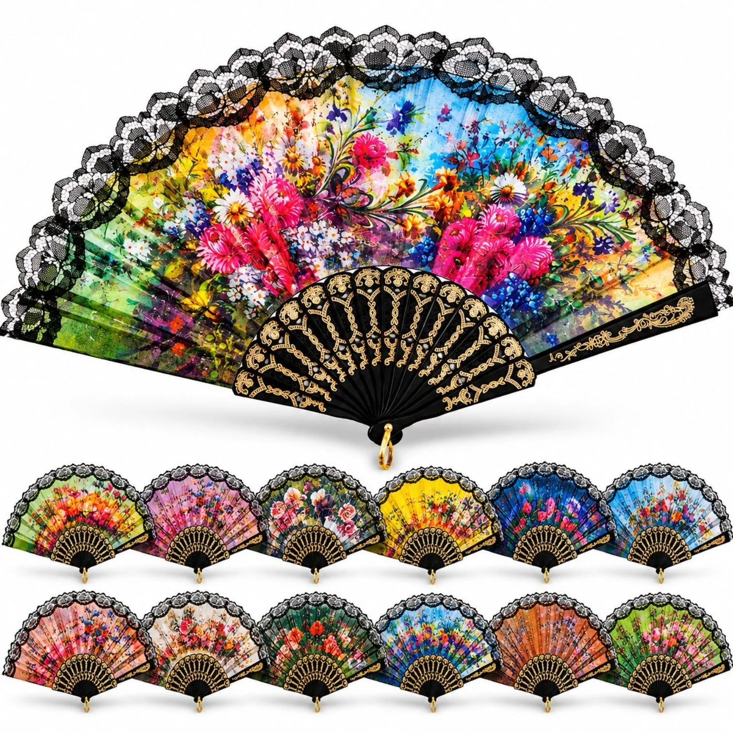 Evantai cu Dantela 12/set, din Plastic 24cm Diferite Modele Engros