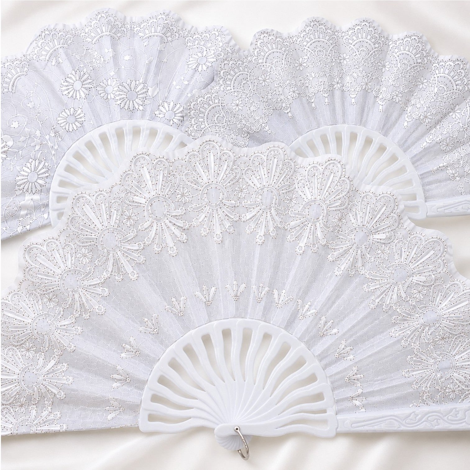 Evantai Pliabil 12/set, Model cu Broderie Florală cu Sclipici 24cm, Diferite Modele Engros