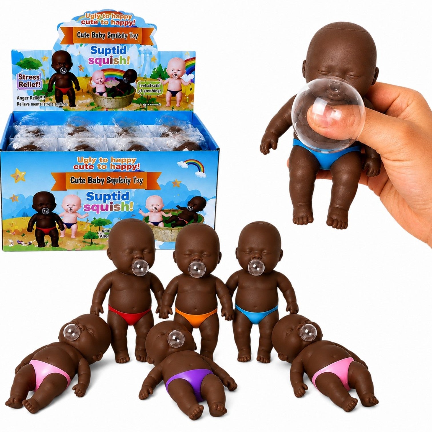 Jucărie Squishy Bebeluș 12/set, din TPR 14cm, cu Balon Extensibil, Anti-Stres, Diferite Culori Engros