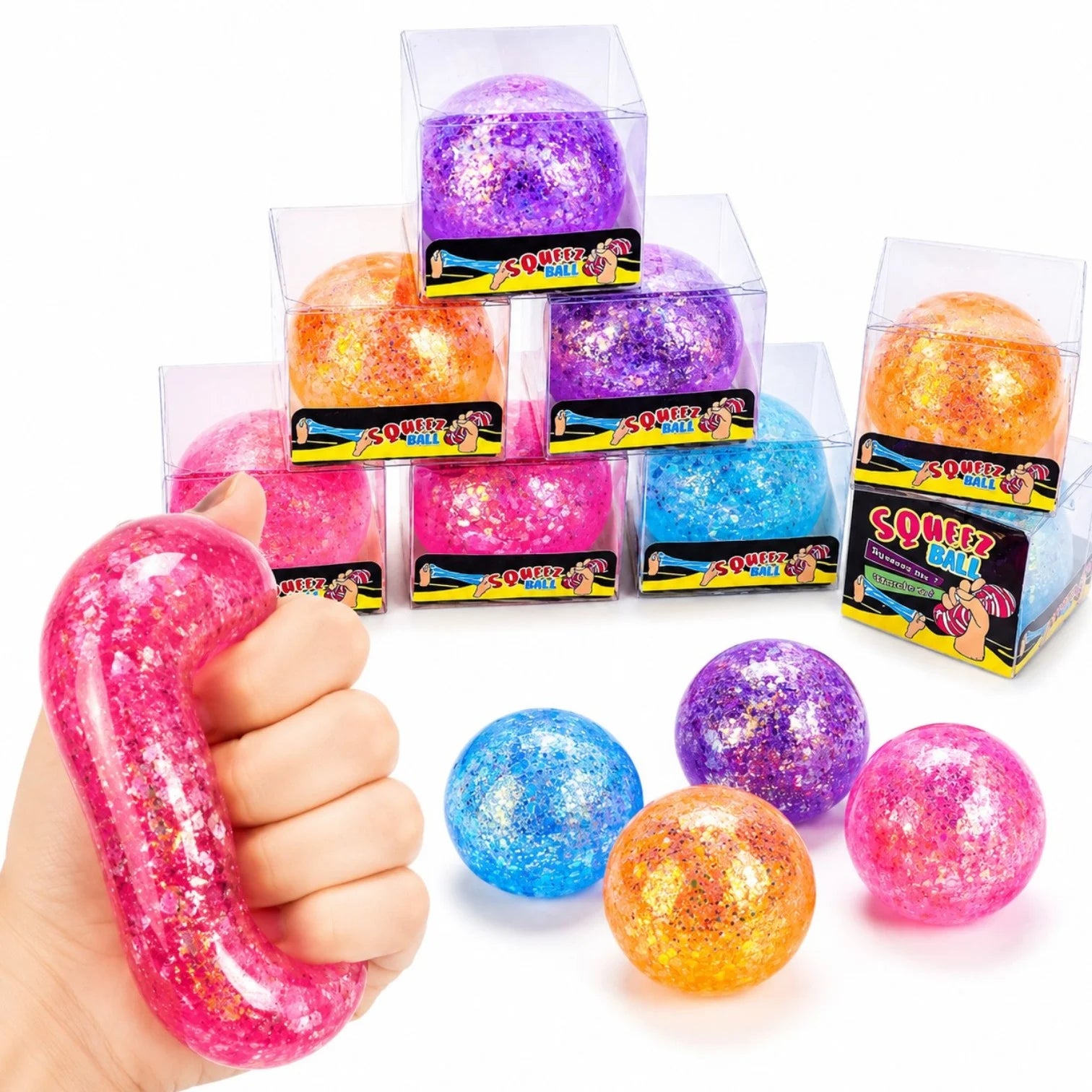 Minge Squishy 12/set, cu Glitter 6cm, Squeeze Ball Anti-Stres, Diferite Culori Engros
